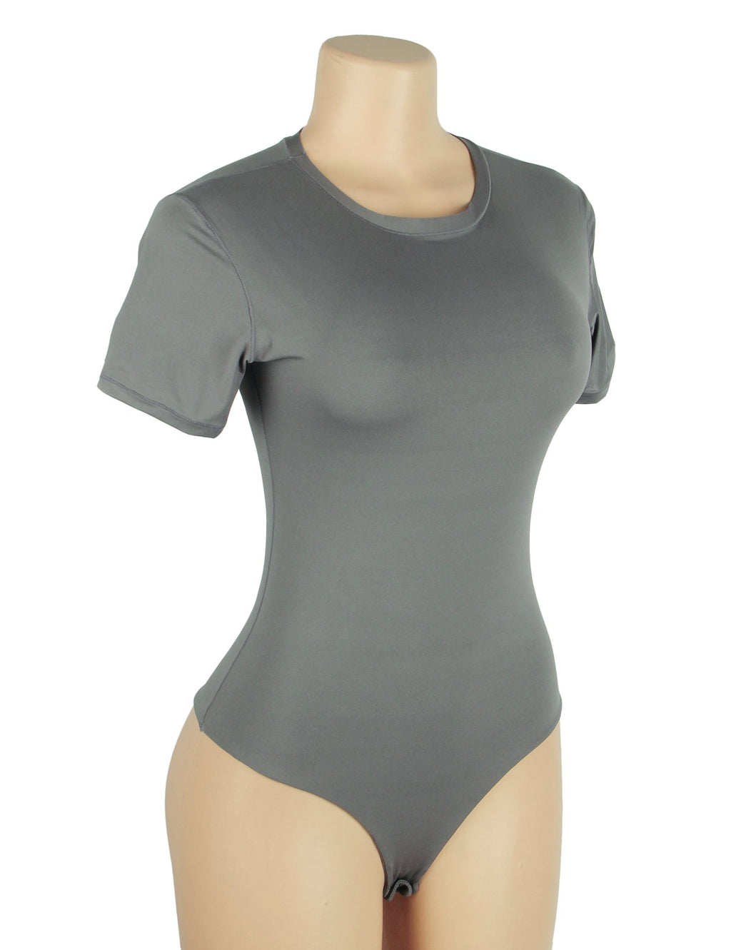 Gray Short Sleeve Bodysuit – Brushed Nylon, Round Neck & Adjustable Crotch - TeaseFashion