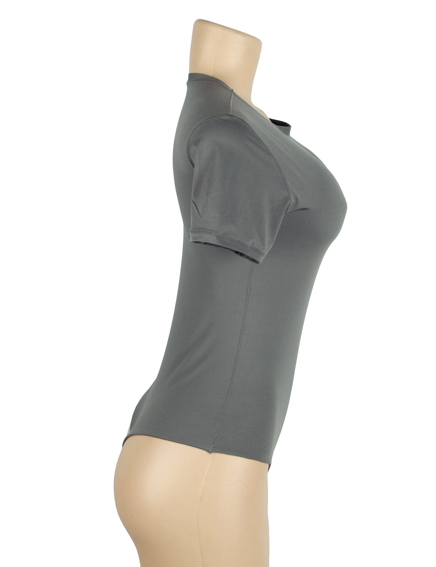Gray Short Sleeve Bodysuit – Brushed Nylon, Round Neck & Adjustable Crotch - TeaseFashion