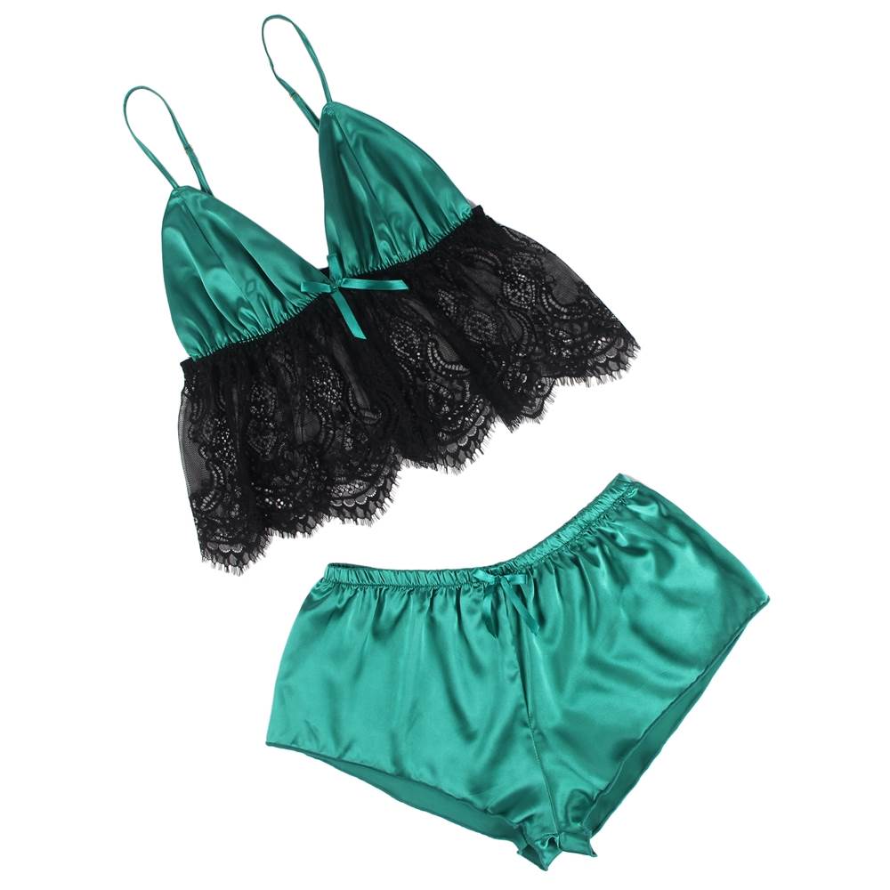 Green & Black Satin & Lace Hollow Two - Piece Pyjama Set - TeaseFashion
