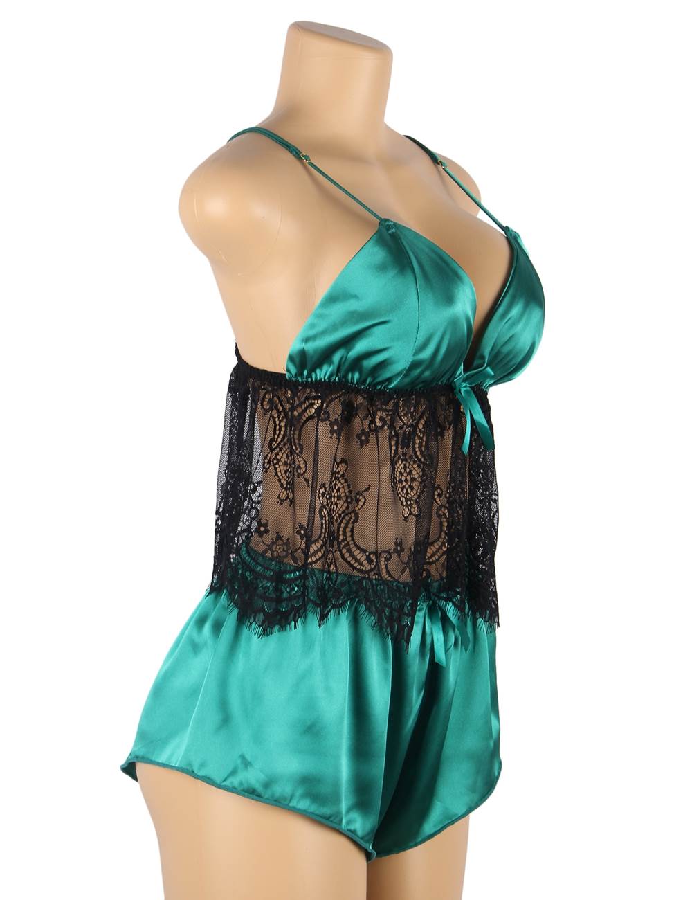 Green & Black Satin & Lace Hollow Two - Piece Pyjama Set - TeaseFashion