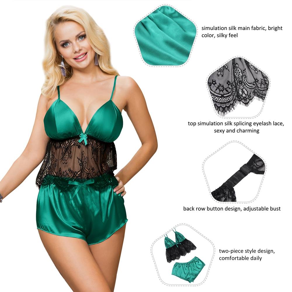 Green & Black Satin & Lace Hollow Two - Piece Pyjama Set - TeaseFashion
