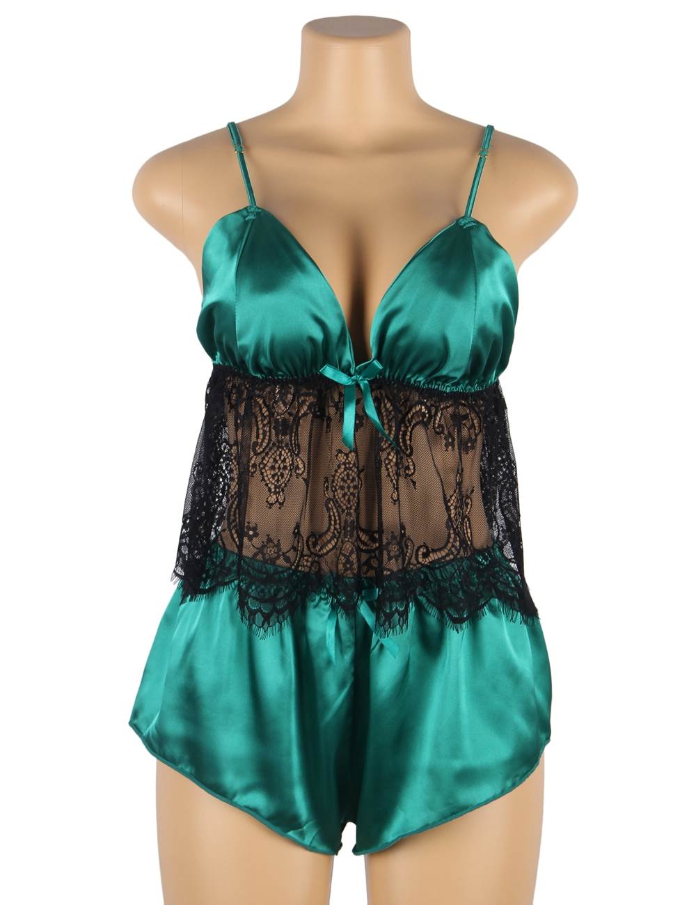 Green & Black Satin & Lace Hollow Two - Piece Pyjama Set - TeaseFashion