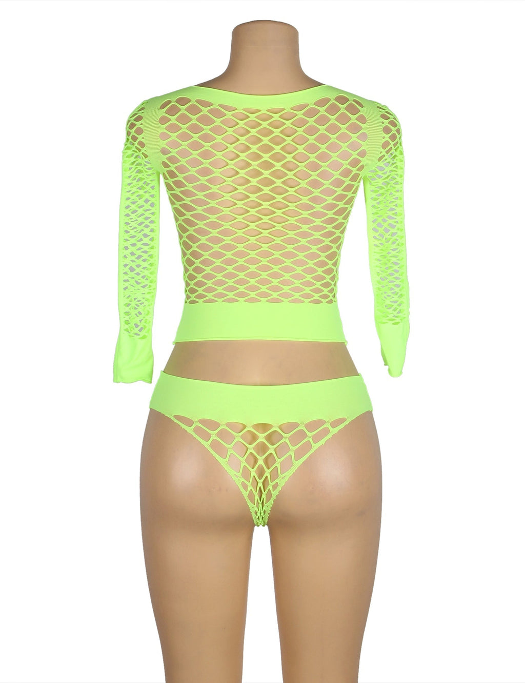 Green Diamond Mesh Long - Sleeve Crop Top & Mid - Rise Shorts Set - TeaseFashion