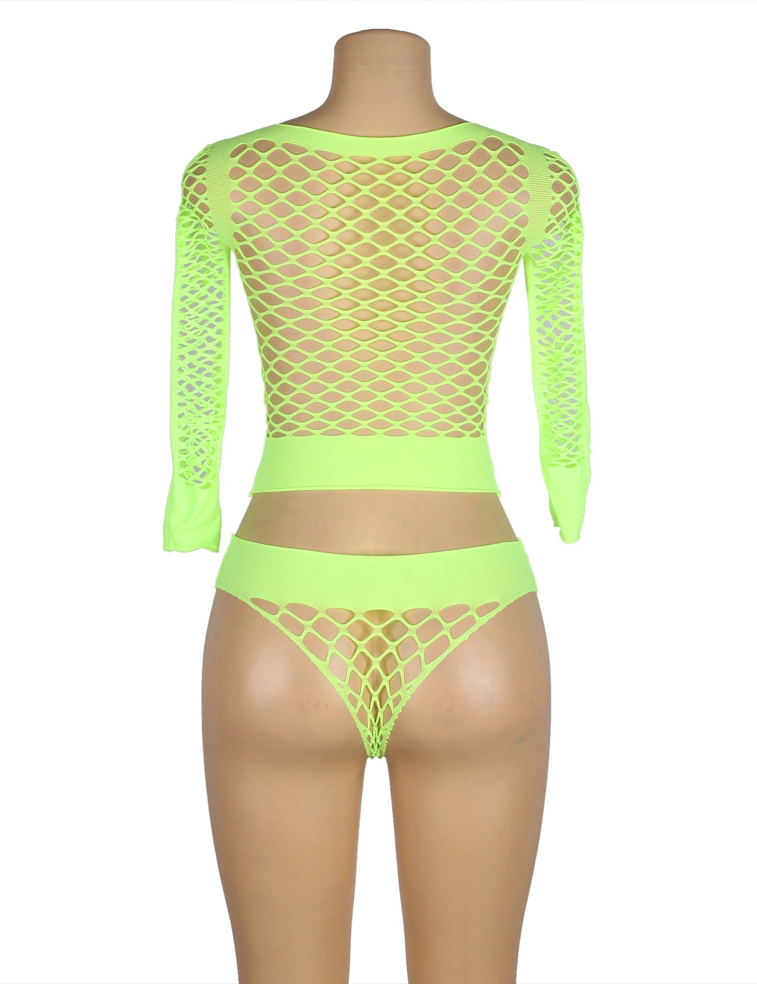Green Diamond Mesh Long - Sleeve Crop Top & Mid - Rise Shorts Set - TeaseFashion