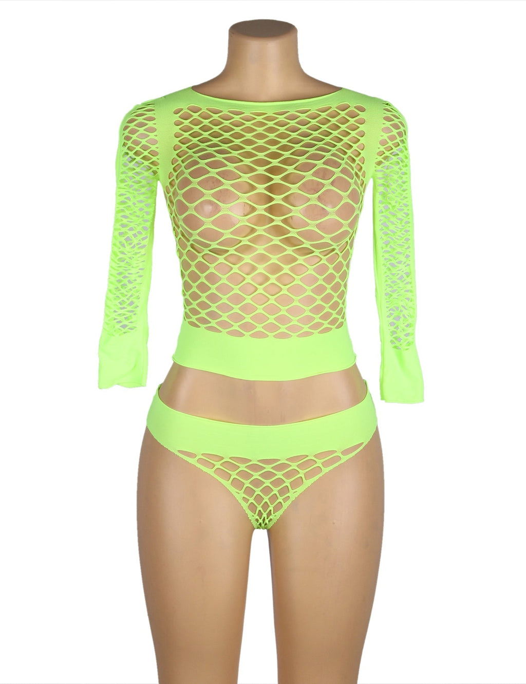 Green Diamond Mesh Long - Sleeve Crop Top & Mid - Rise Shorts Set - TeaseFashion