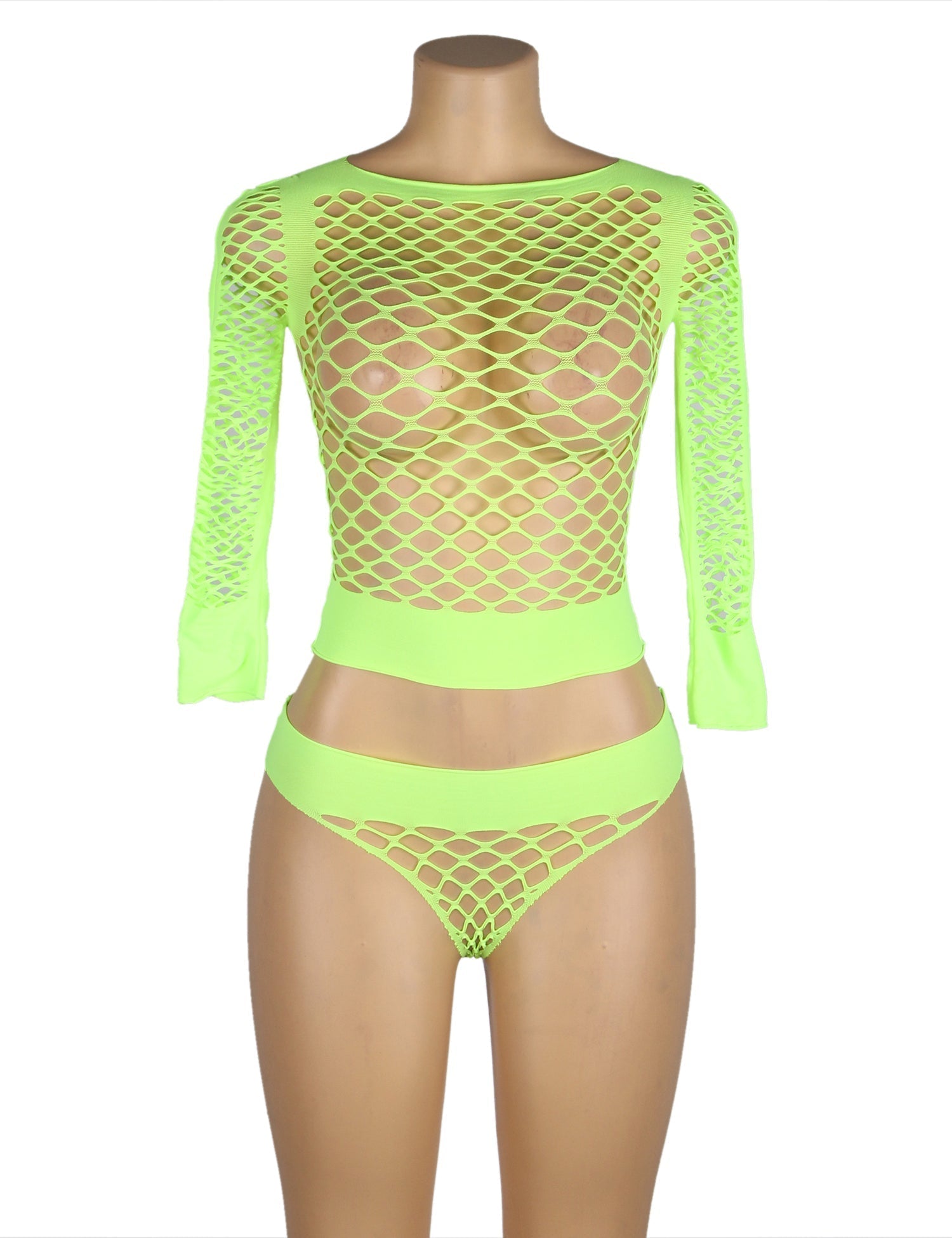 Green Diamond Mesh Long - Sleeve Crop Top & Mid - Rise Shorts Set - TeaseFashion