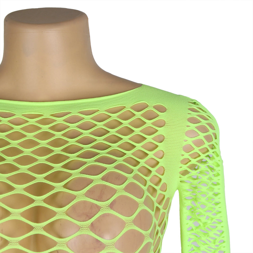 Green Diamond Mesh Long - Sleeve Crop Top & Mid - Rise Shorts Set - TeaseFashion