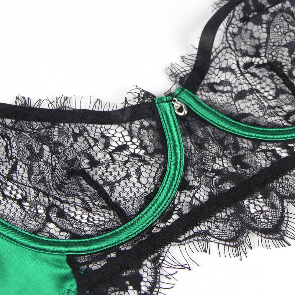 Green Eyelash Lace Bra & Garter Set – Underwire & 4 Garter Straps - TeaseFashion