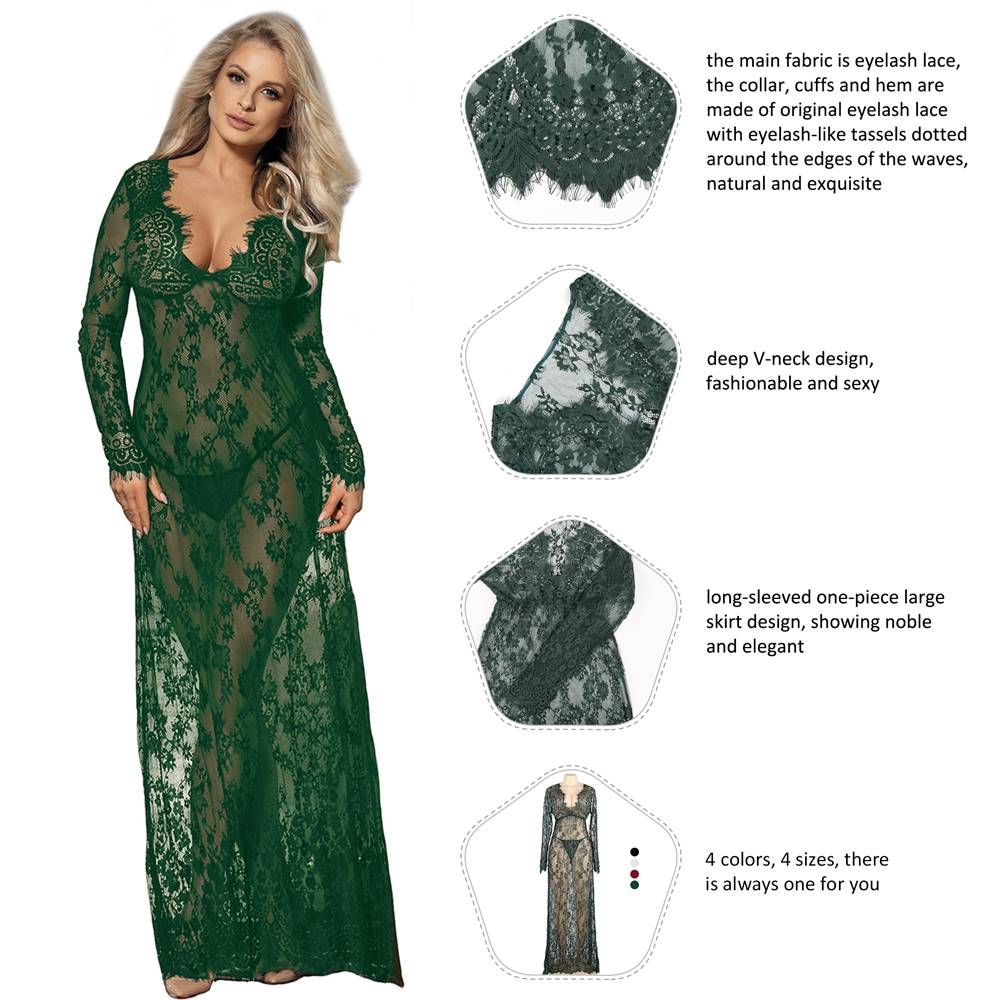 Green Eyelash Lace Maxi Nightdress – Deep V, Tassel Trim & Thong - TeaseFashion
