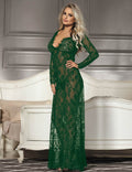 Green Eyelash Lace Maxi Nightdress – Deep V, Tassel Trim & Thong - TeaseFashion