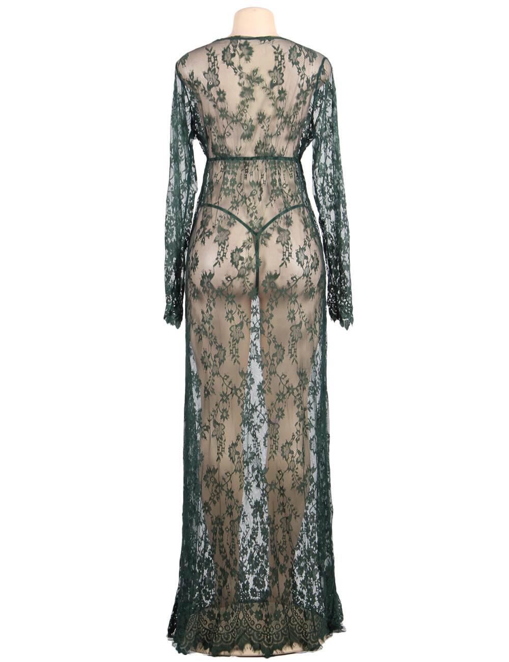 Green Eyelash Lace Maxi Nightdress – Deep V, Tassel Trim & Thong - TeaseFashion
