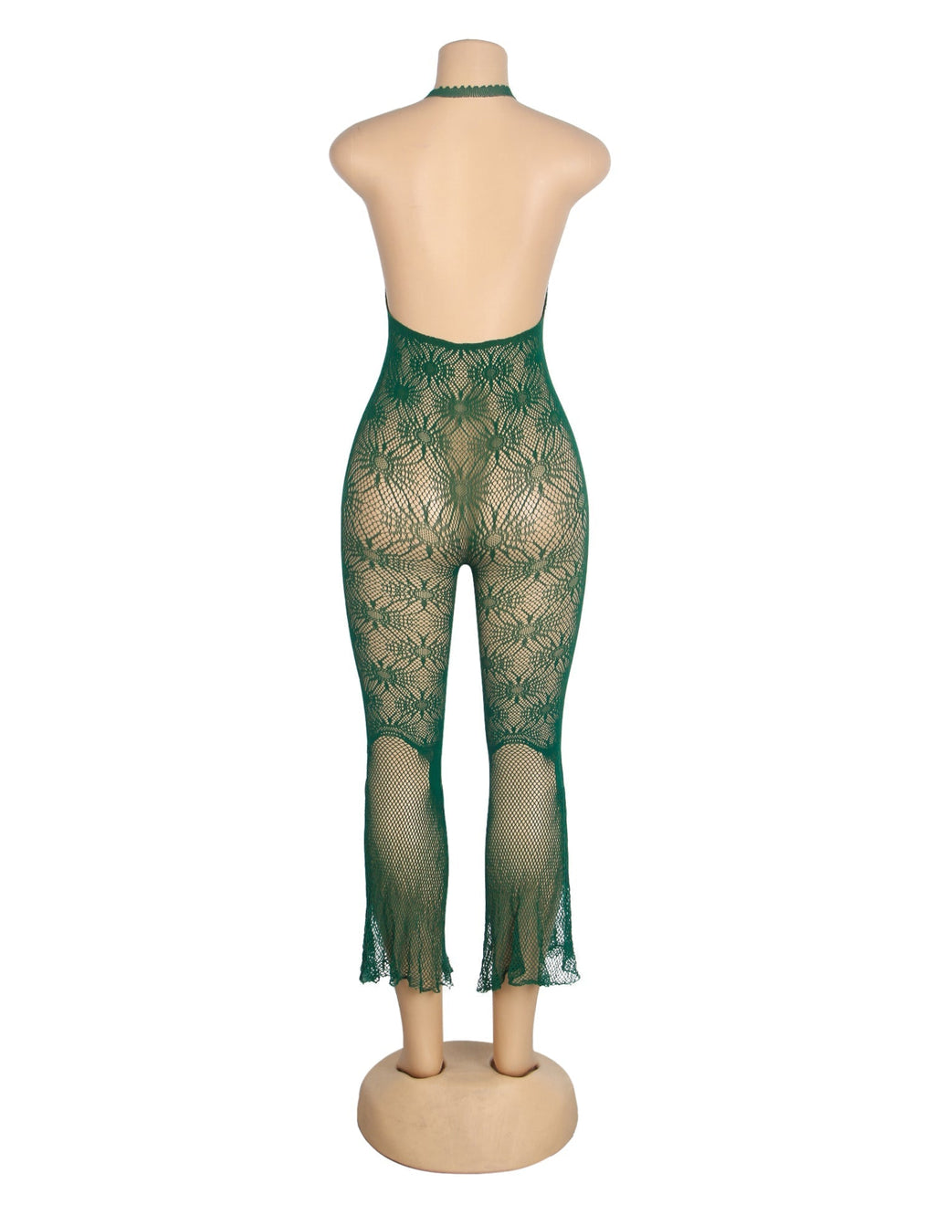 Green Jacquard Halter - Neck Backless Flared - Leg Bodysuit - TeaseFashion