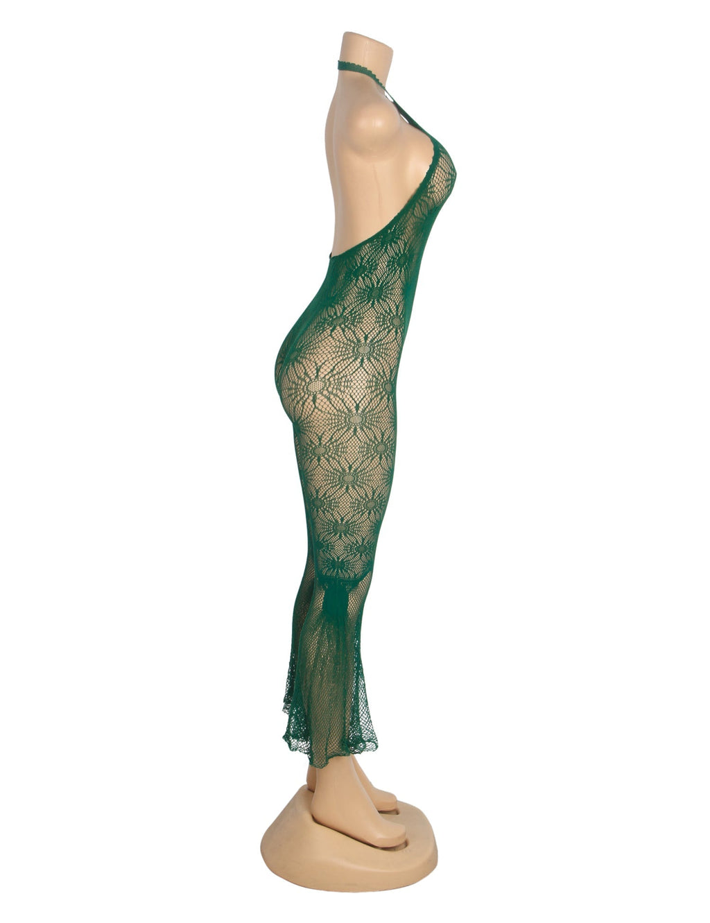 Green Jacquard Halter - Neck Backless Flared - Leg Bodysuit - TeaseFashion