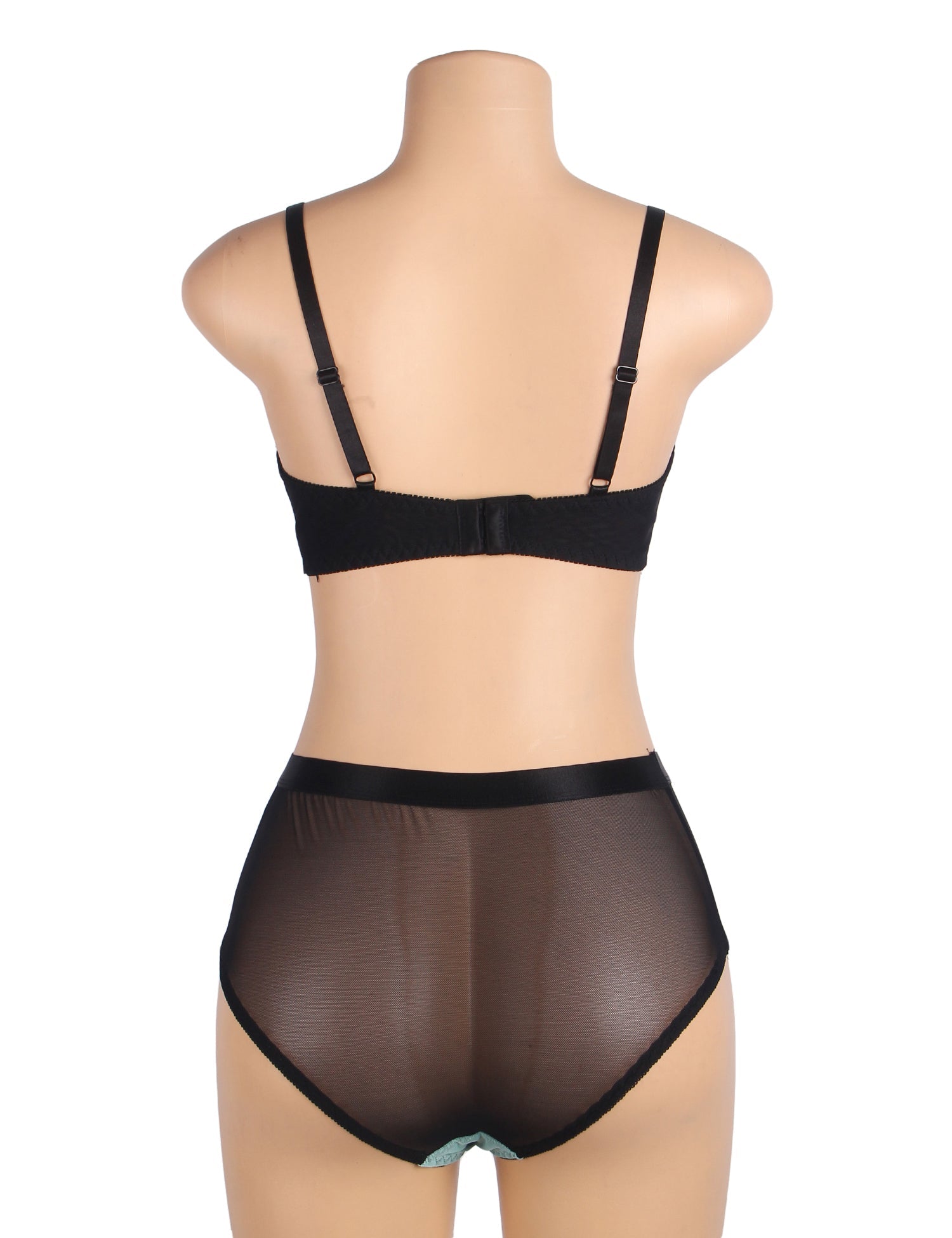 Green Lace Mesh Push - Up Bra Set – Rhinestone Buckle & High Waist - TeaseFashion