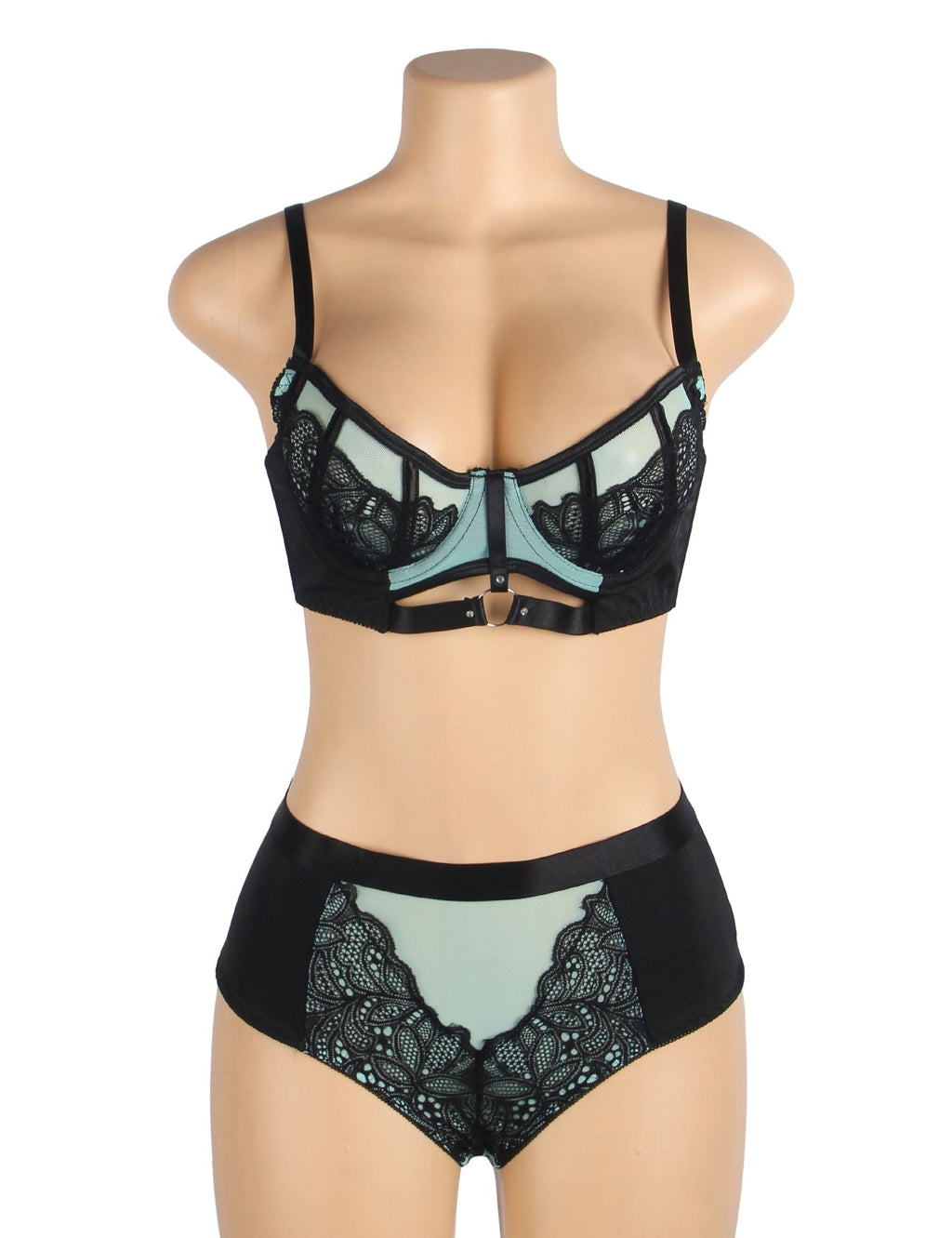 Green Lace Mesh Push - Up Bra Set – Rhinestone Buckle & High Waist - TeaseFashion