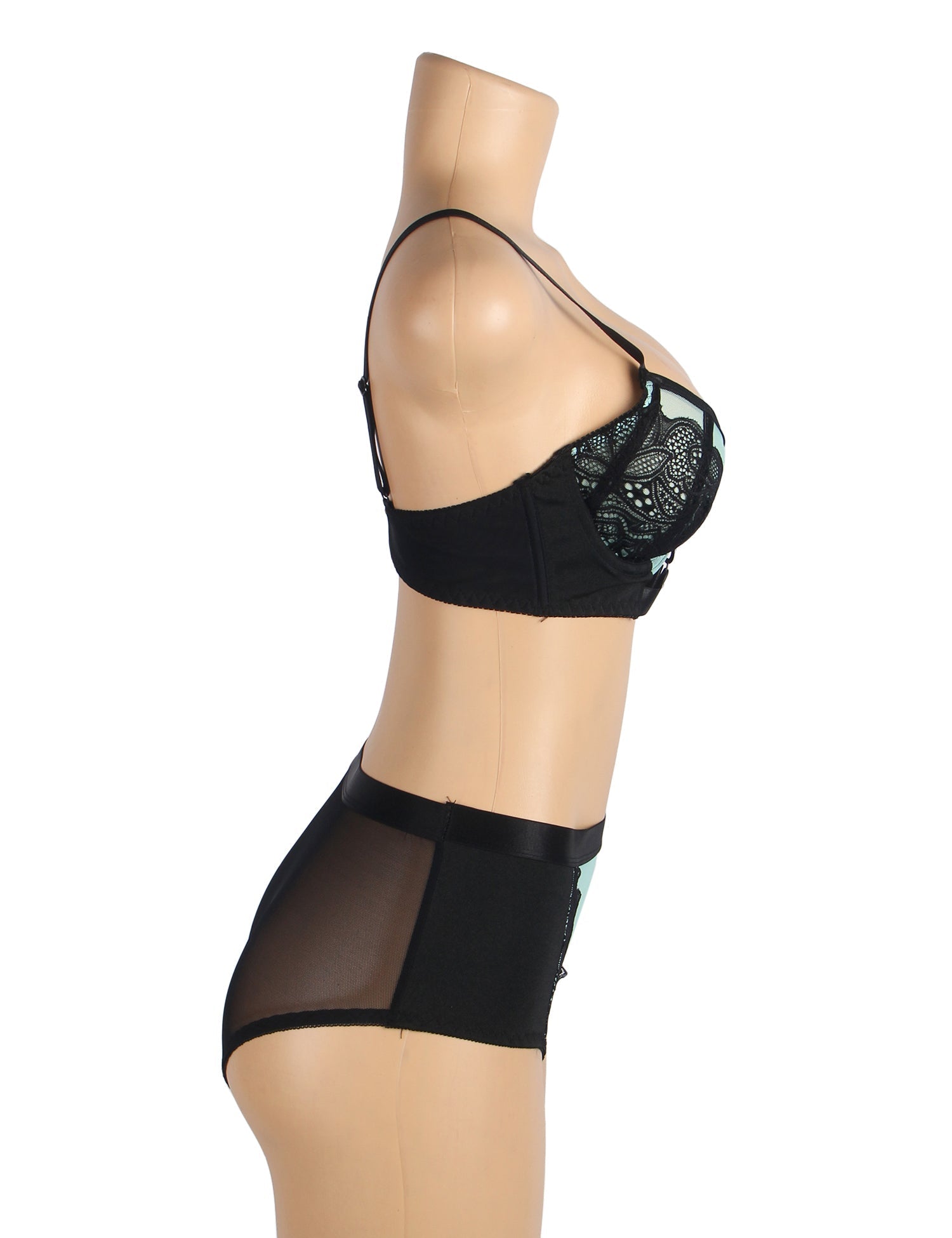 Green Lace Mesh Push - Up Bra Set – Rhinestone Buckle & High Waist - TeaseFashion