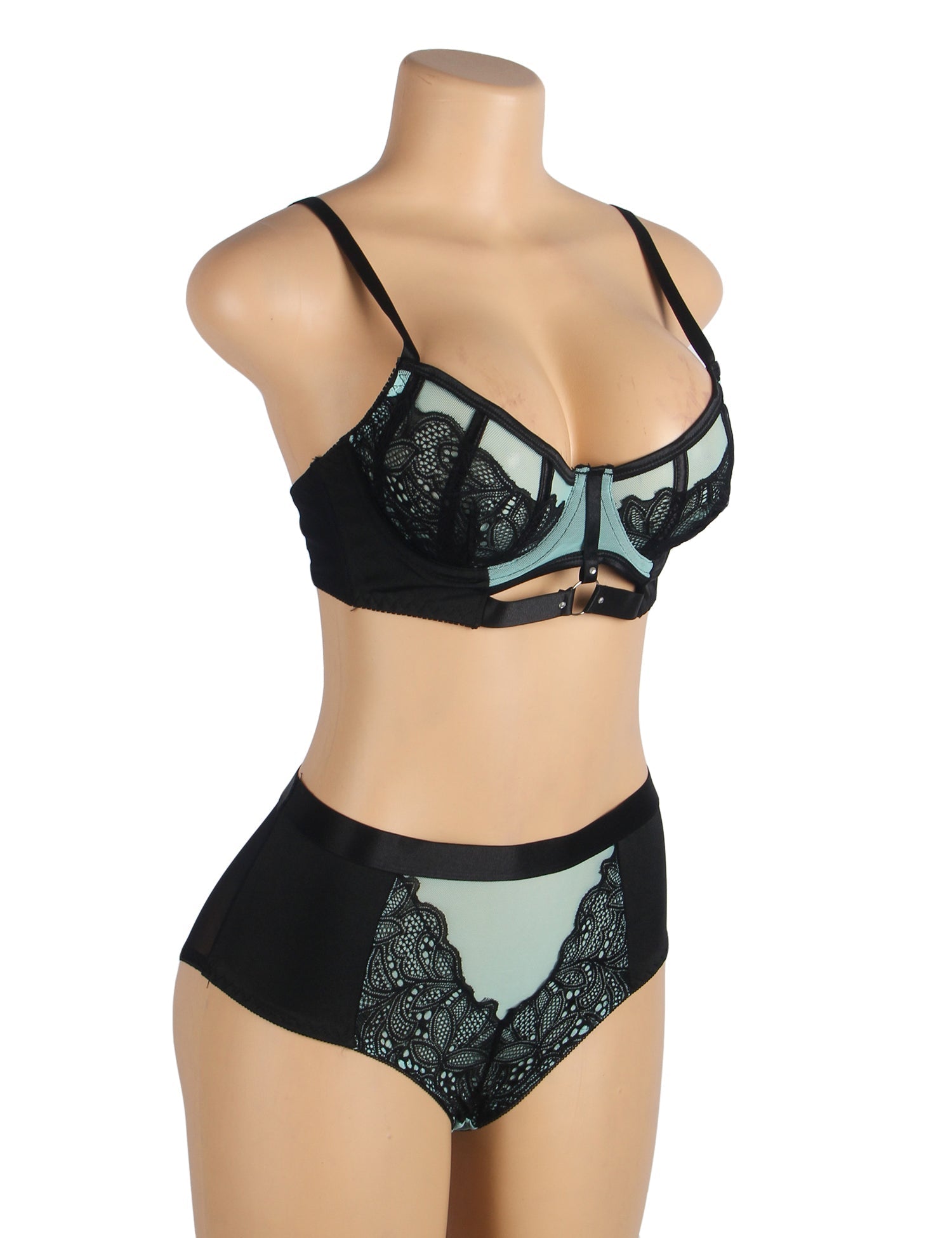 Green Lace Mesh Push - Up Bra Set – Rhinestone Buckle & High Waist - TeaseFashion