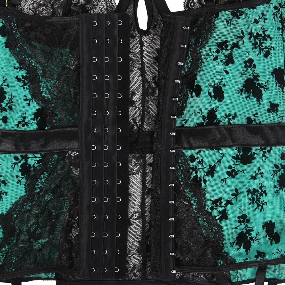 Green Lace & Velvet Underwire Garter Lingerie Set – Push-Up Bra, Cut-Out Cleavage, Hook Back & Stocking Straps - TEASEFASHION
