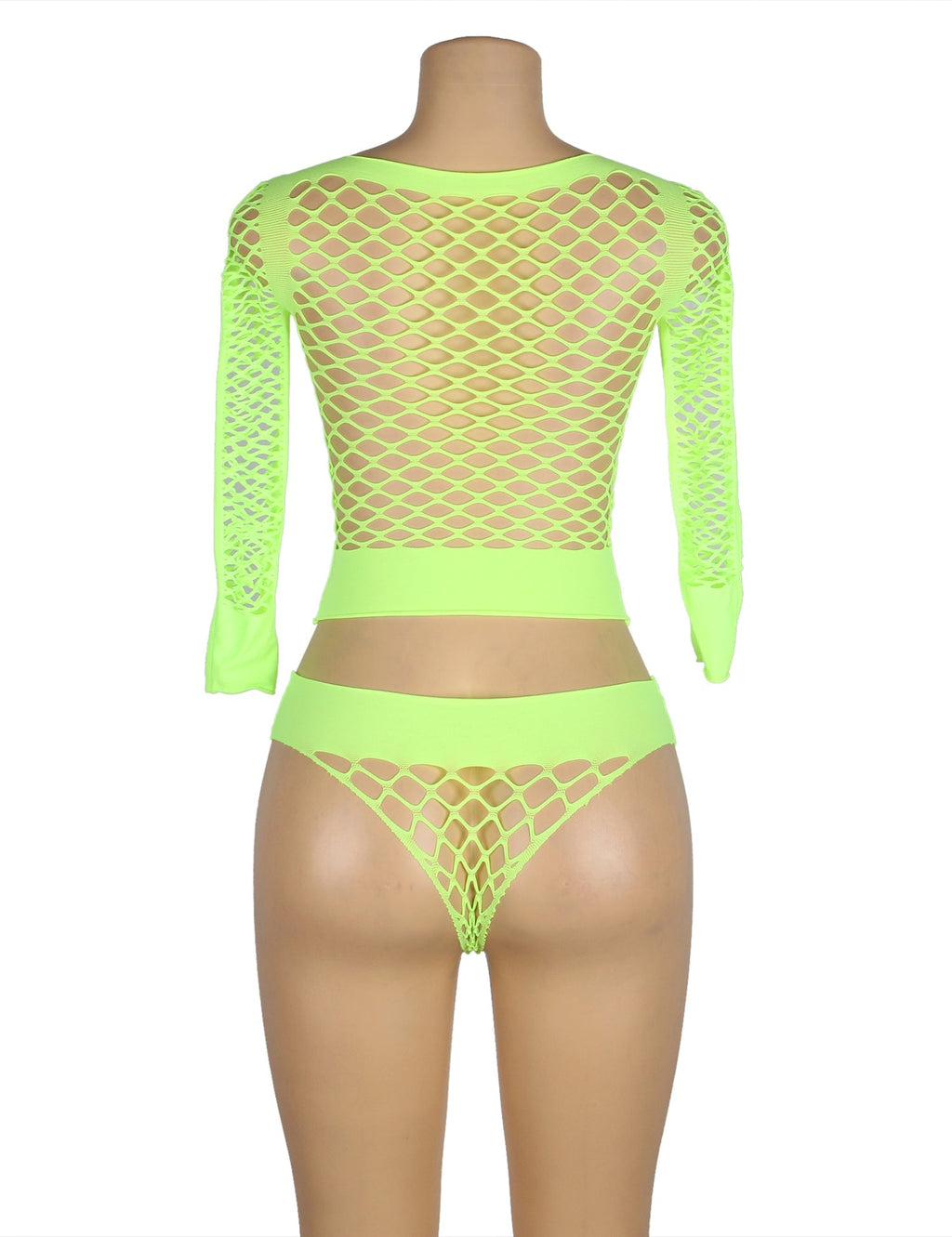 Green Long Sleeve Two - Piece Bodystocking With Fishnet Crop Top And Bottom - TeaseFashion