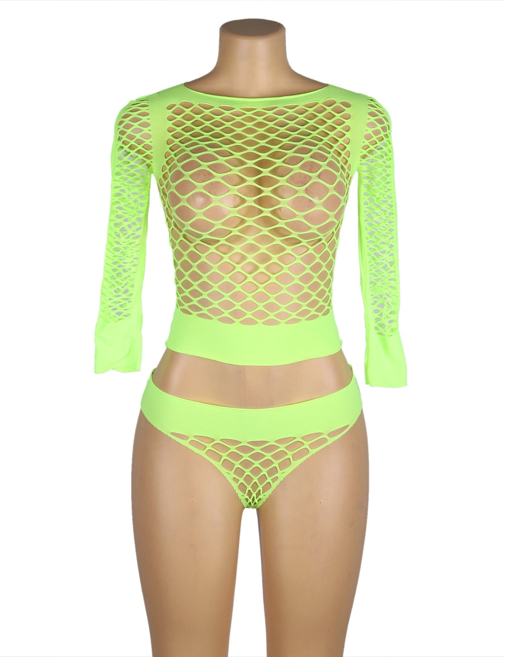Green Long Sleeve Two - Piece Bodystocking With Fishnet Crop Top And Bottom - TeaseFashion