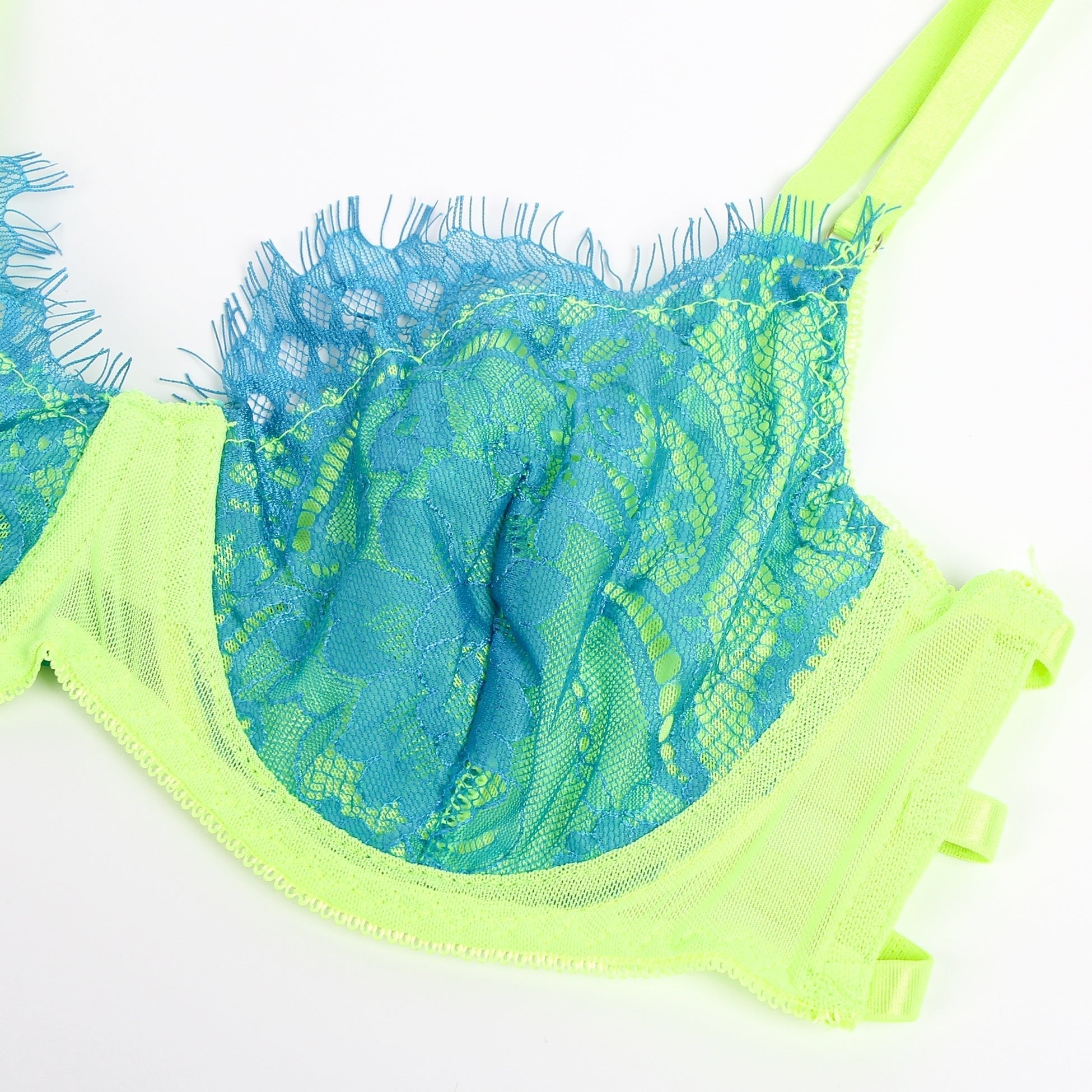 Green Mesh & Lace Colour Contrast Bra Garter Set – Underwire & Leg Rings - TeaseFashion
