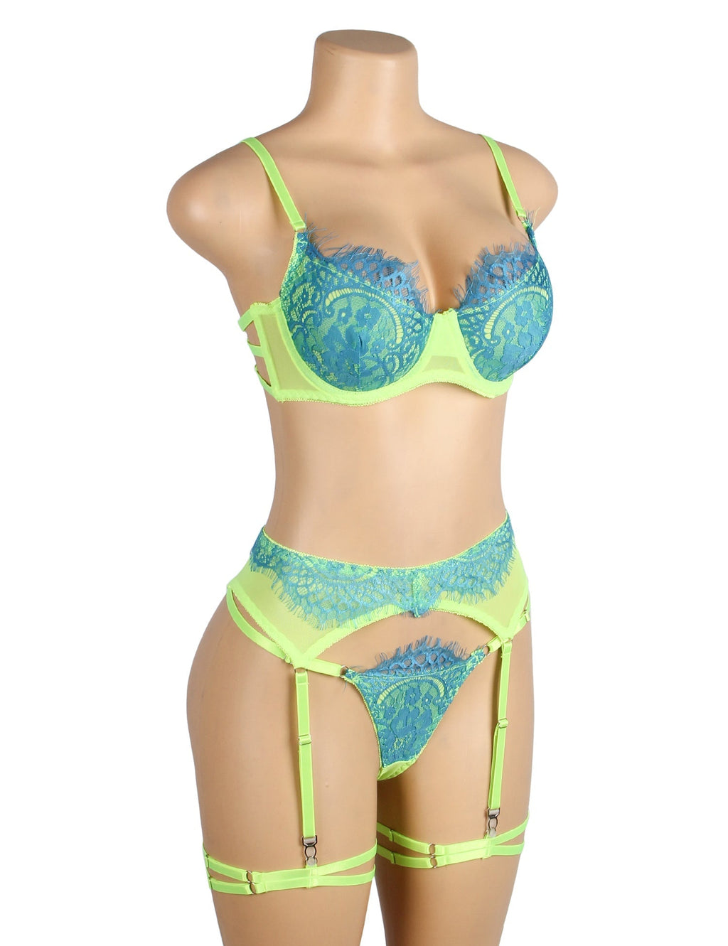Green Mesh & Lace Colour Contrast Bra Garter Set – Underwire & Leg Rings - TeaseFashion