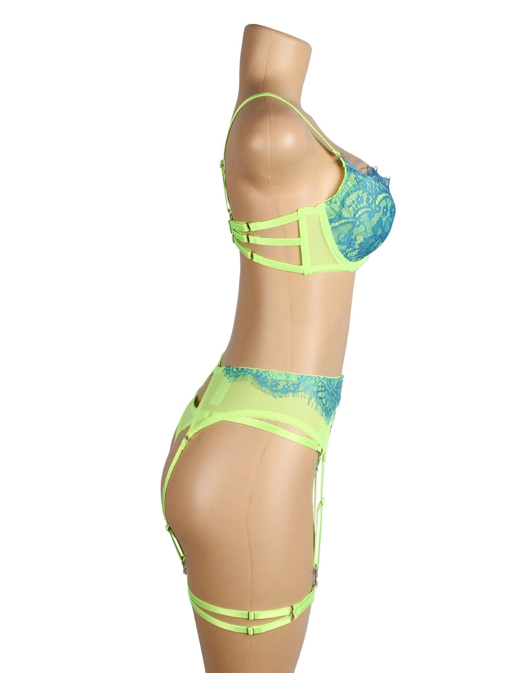 Green Mesh & Lace Colour Contrast Bra Garter Set – Underwire & Leg Rings - TeaseFashion