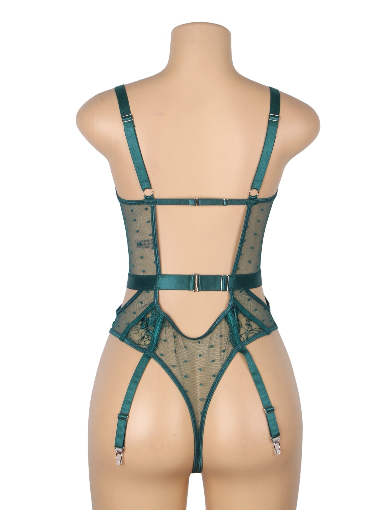 Green Mesh Teddy with 3D Embroidery & Backless Garter - TeaseFashion