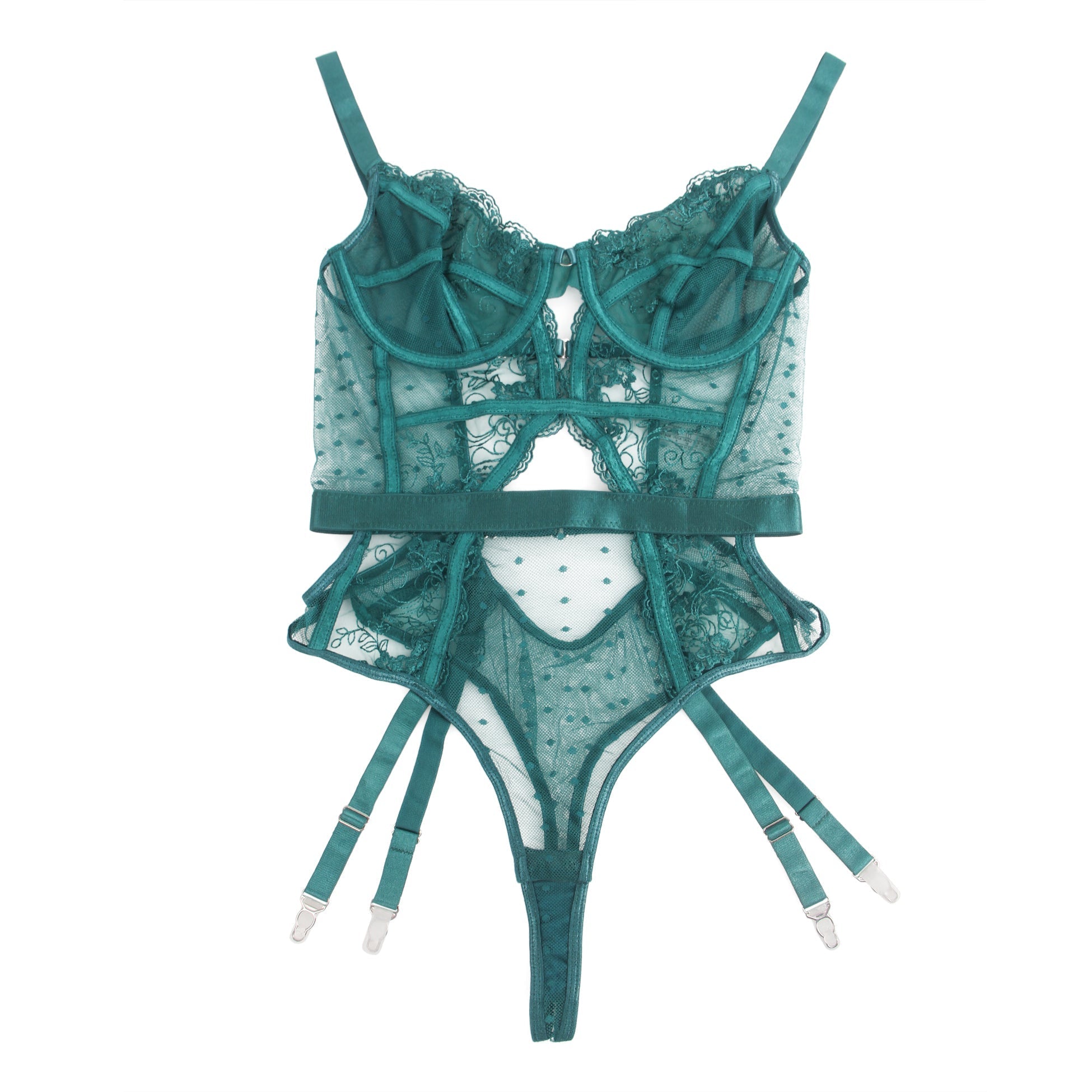 Green Mesh Teddy with 3D Embroidery & Backless Garter - TeaseFashion