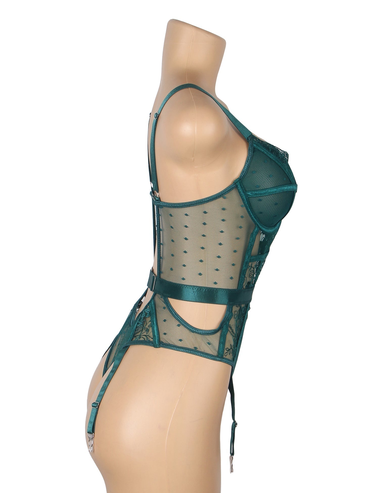 Green Mesh Teddy with 3D Embroidery & Backless Garter - TeaseFashion