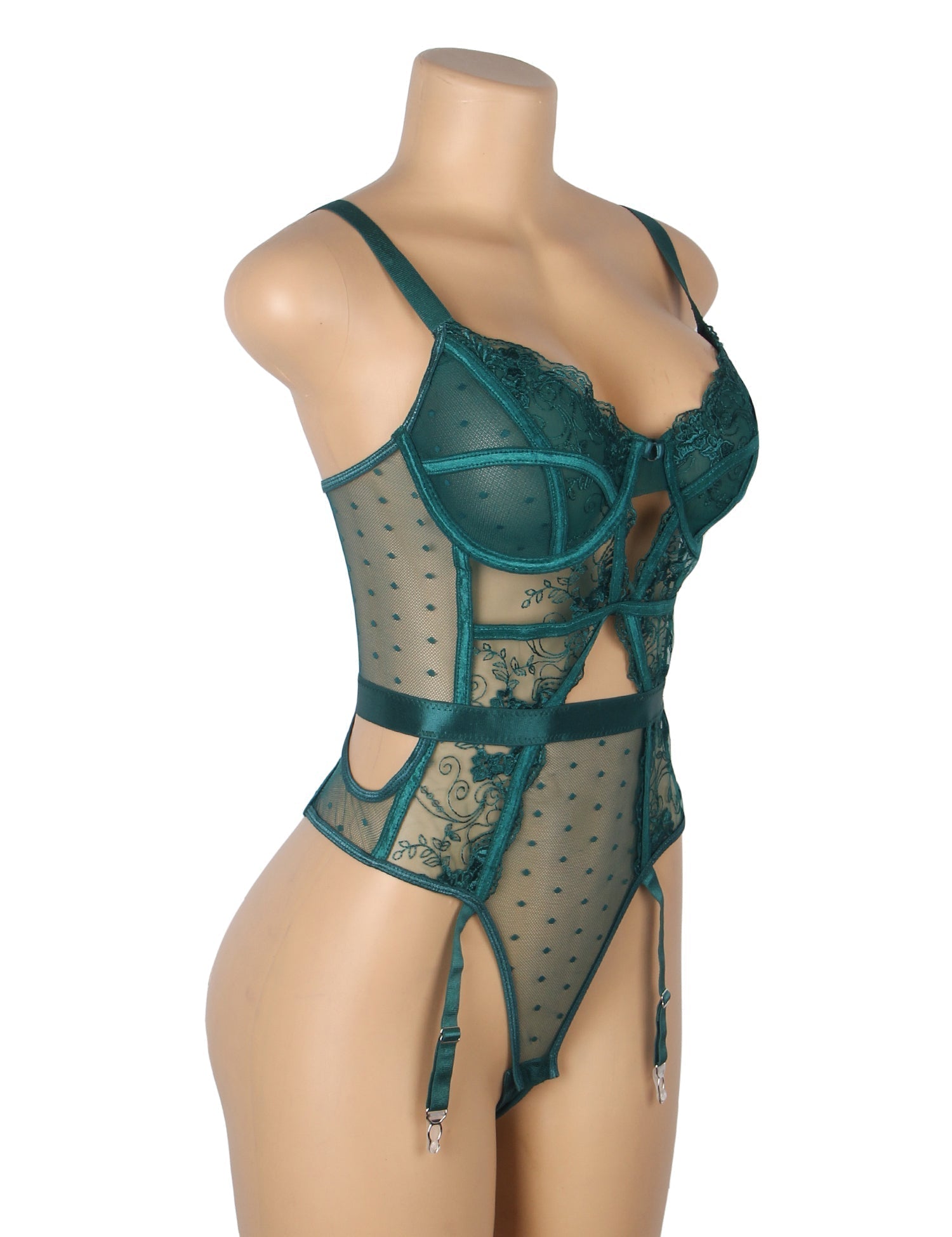 Green Mesh Teddy with 3D Embroidery & Backless Garter - TeaseFashion
