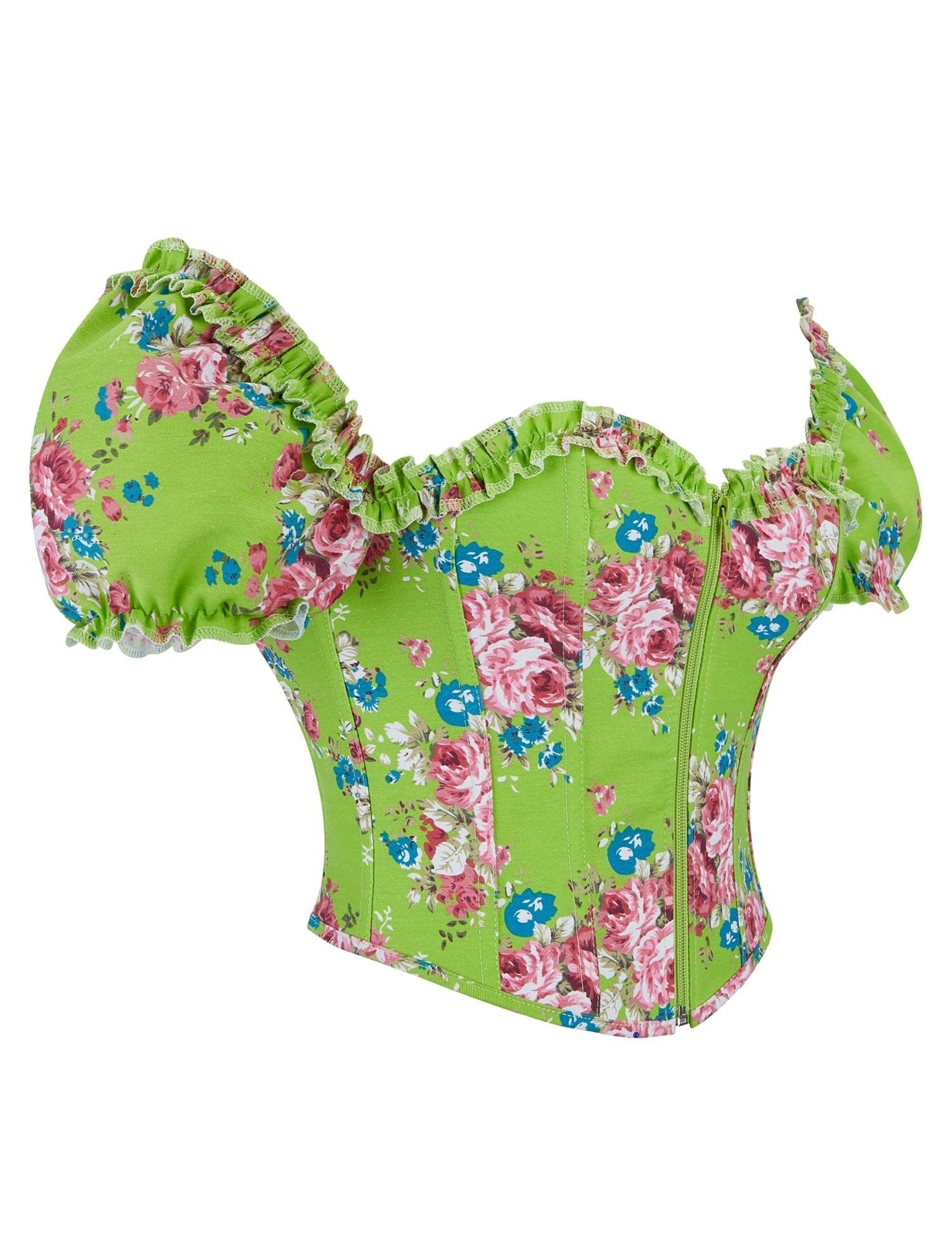 Green Printed Corset with Puff Sleeves & Heart Bustier - TeaseFashion