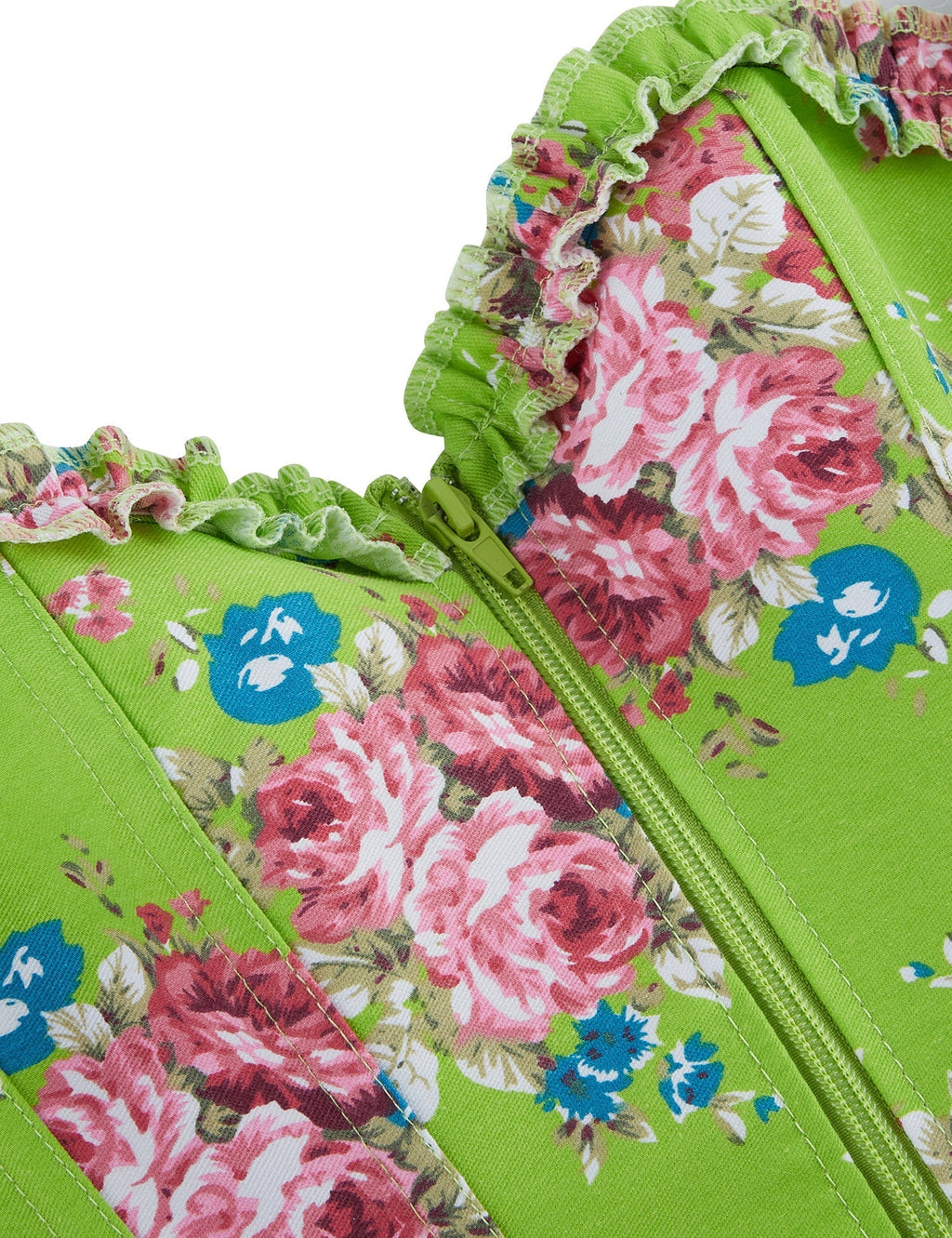 Green Printed Corset with Puff Sleeves & Heart Bustier - TeaseFashion