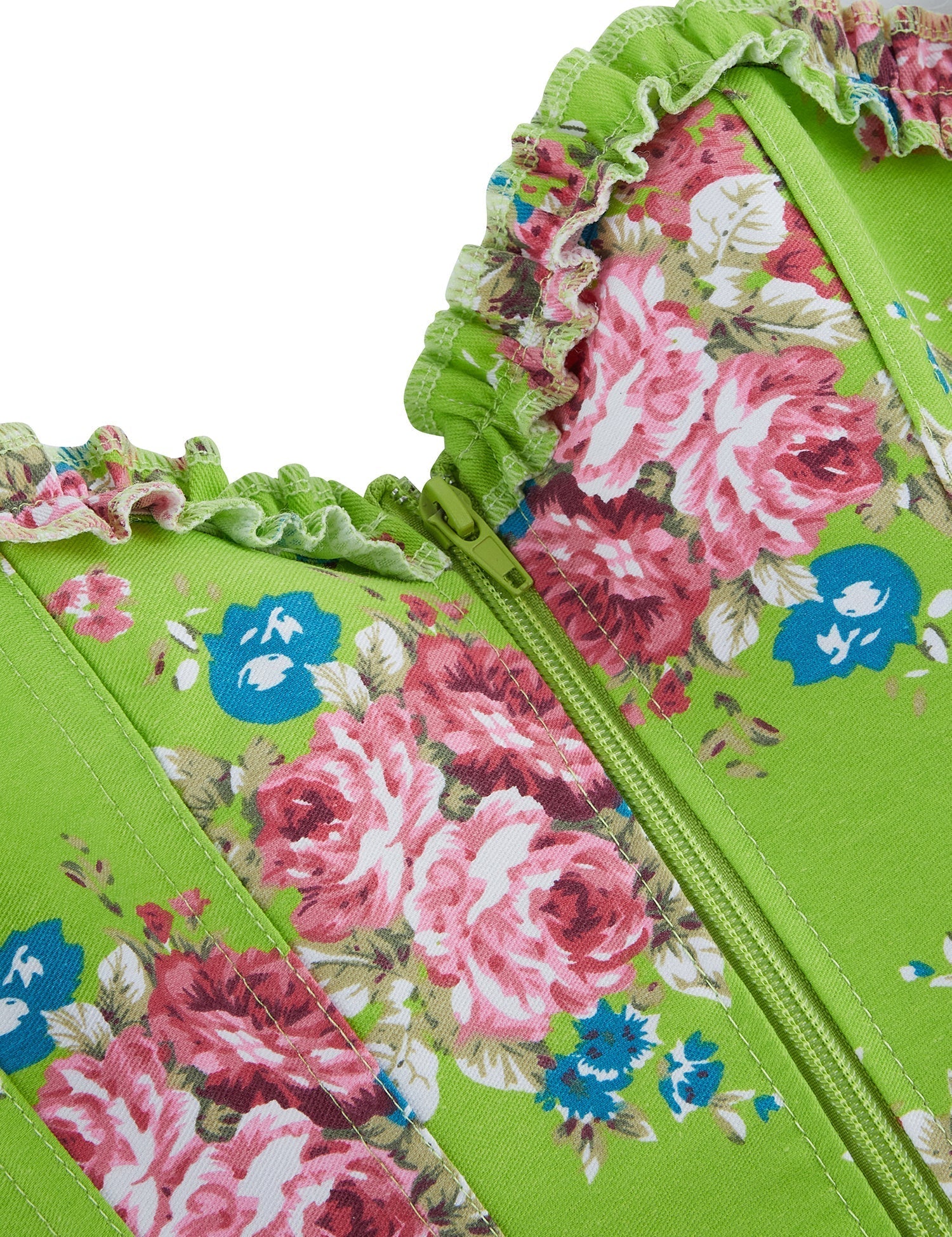 Green Printed Corset with Puff Sleeves & Heart Bustier - TeaseFashion