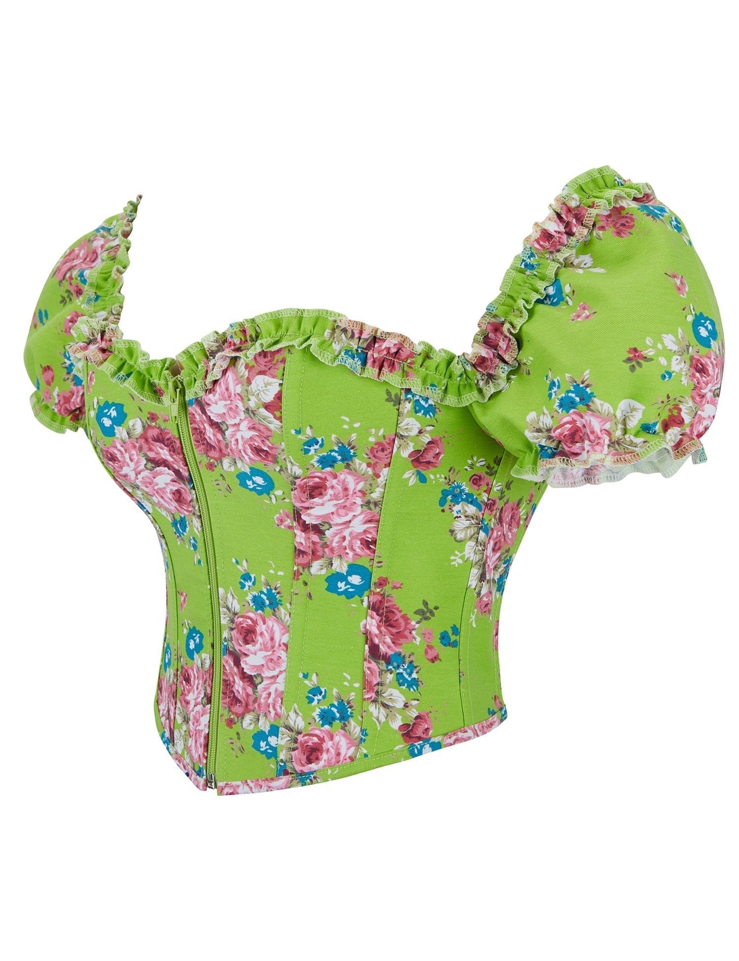 Green Printed Corset with Puff Sleeves & Heart Bustier - TeaseFashion