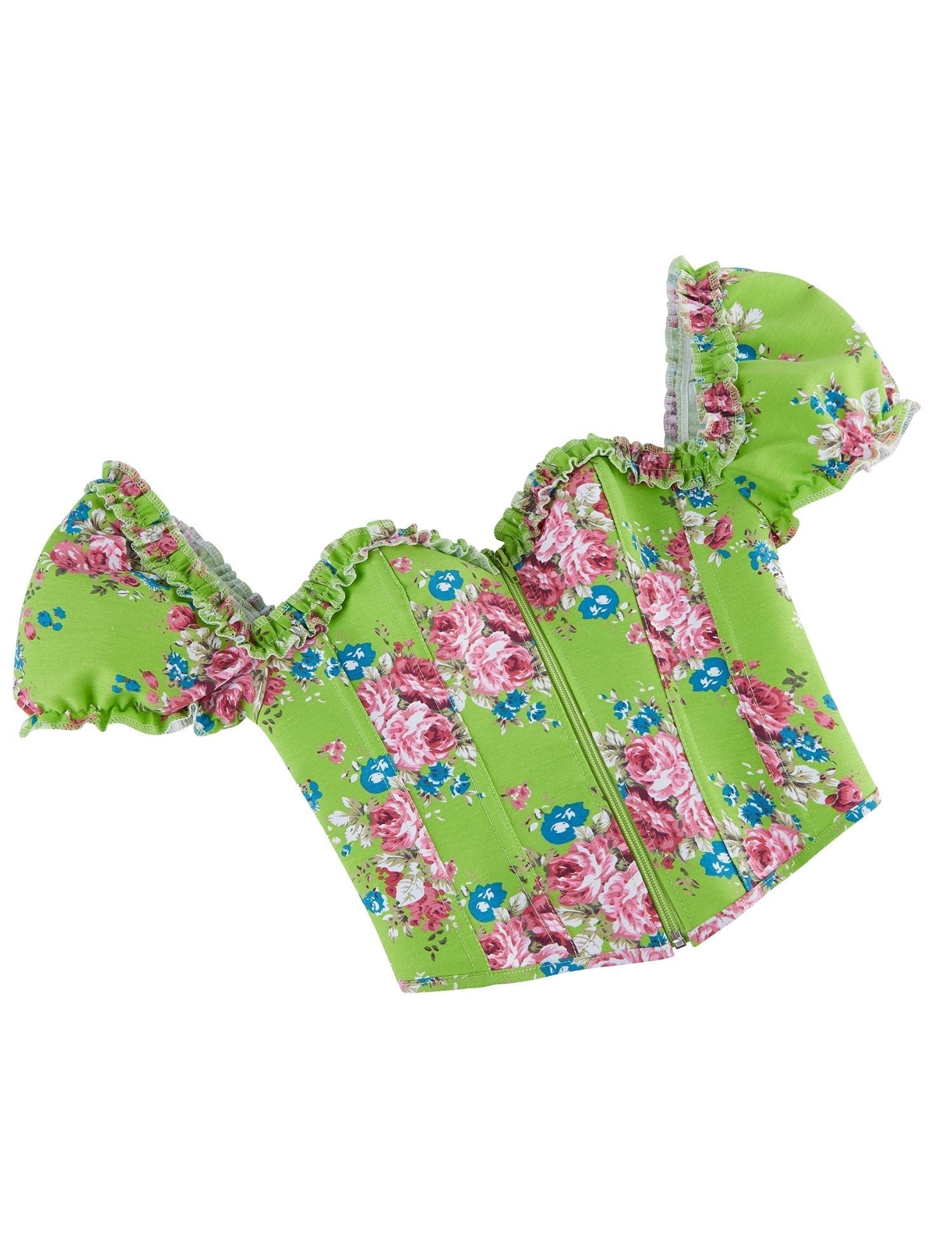Green Printed Corset with Puff Sleeves & Heart Bustier - TeaseFashion
