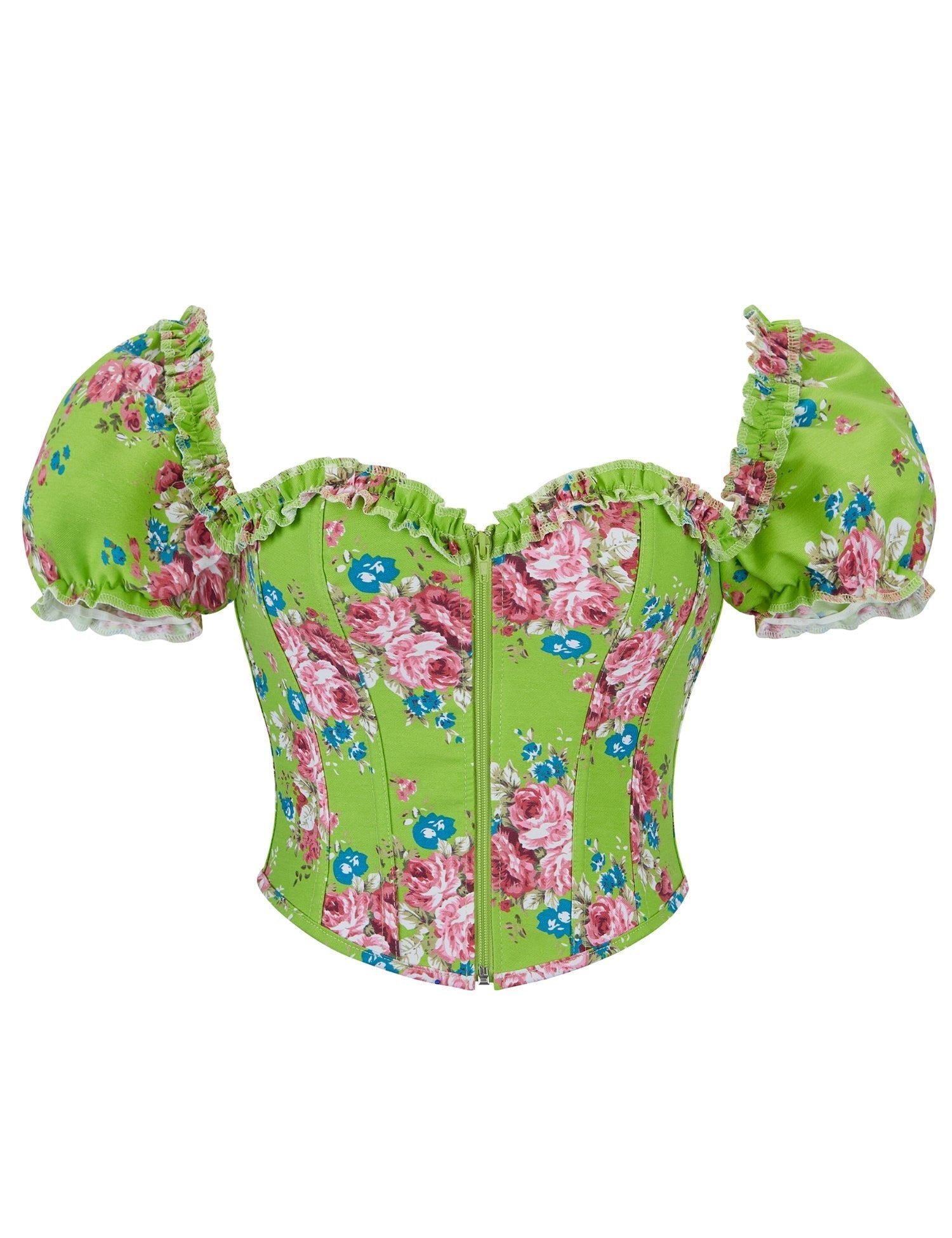 Green Printed Corset with Puff Sleeves & Heart Bustier - TeaseFashion
