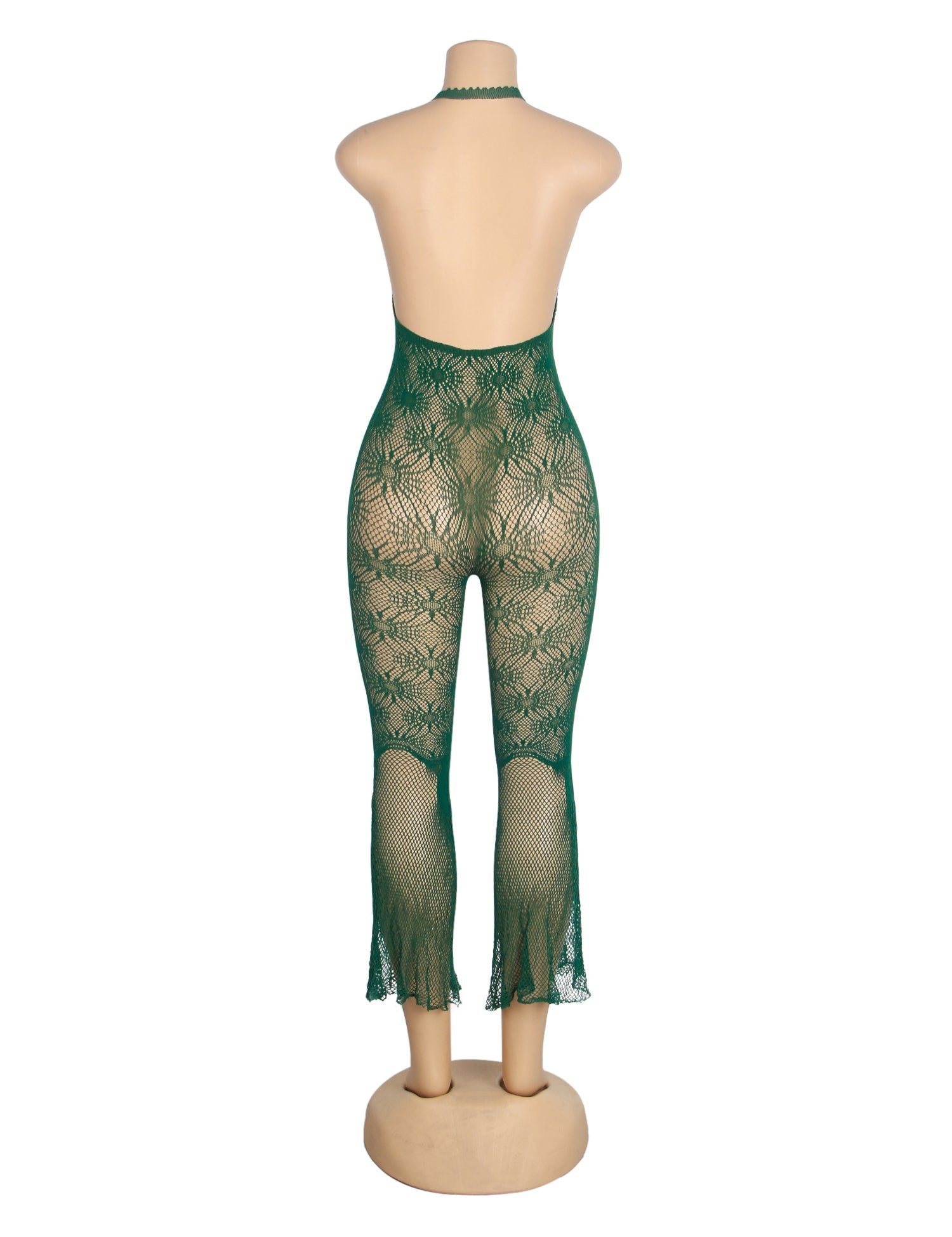 Green Sexy Jacquard Halter Neck Bodysuit - TeaseFashion