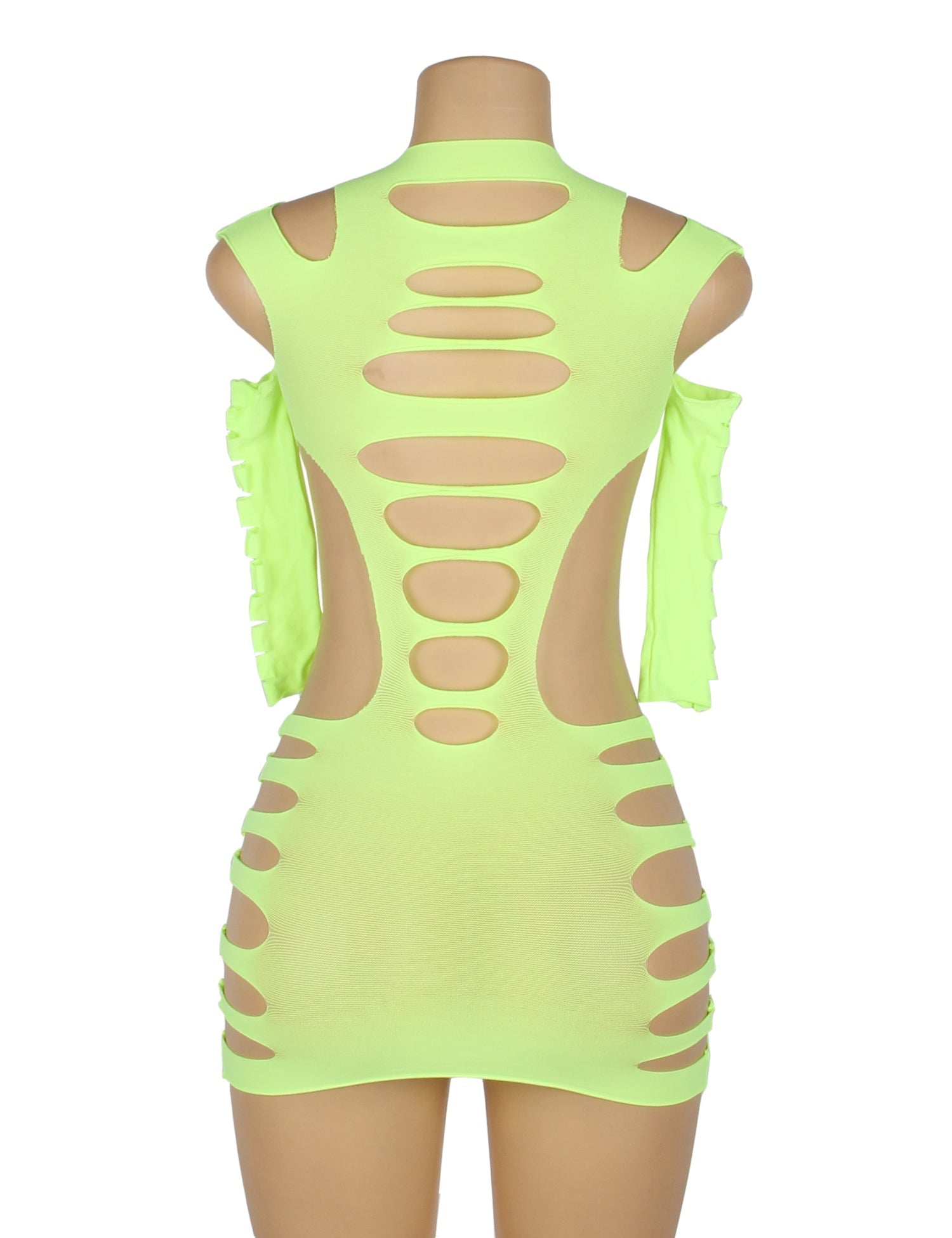 Green Striped Hollow - Out Long - Sleeve Bodycon Bodysuit - TeaseFashion