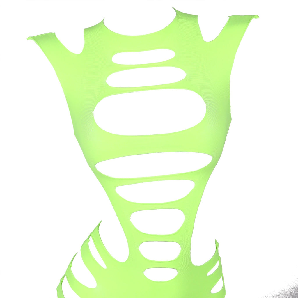 Green Striped Hollow - Out Long - Sleeve Bodycon Bodysuit - TeaseFashion