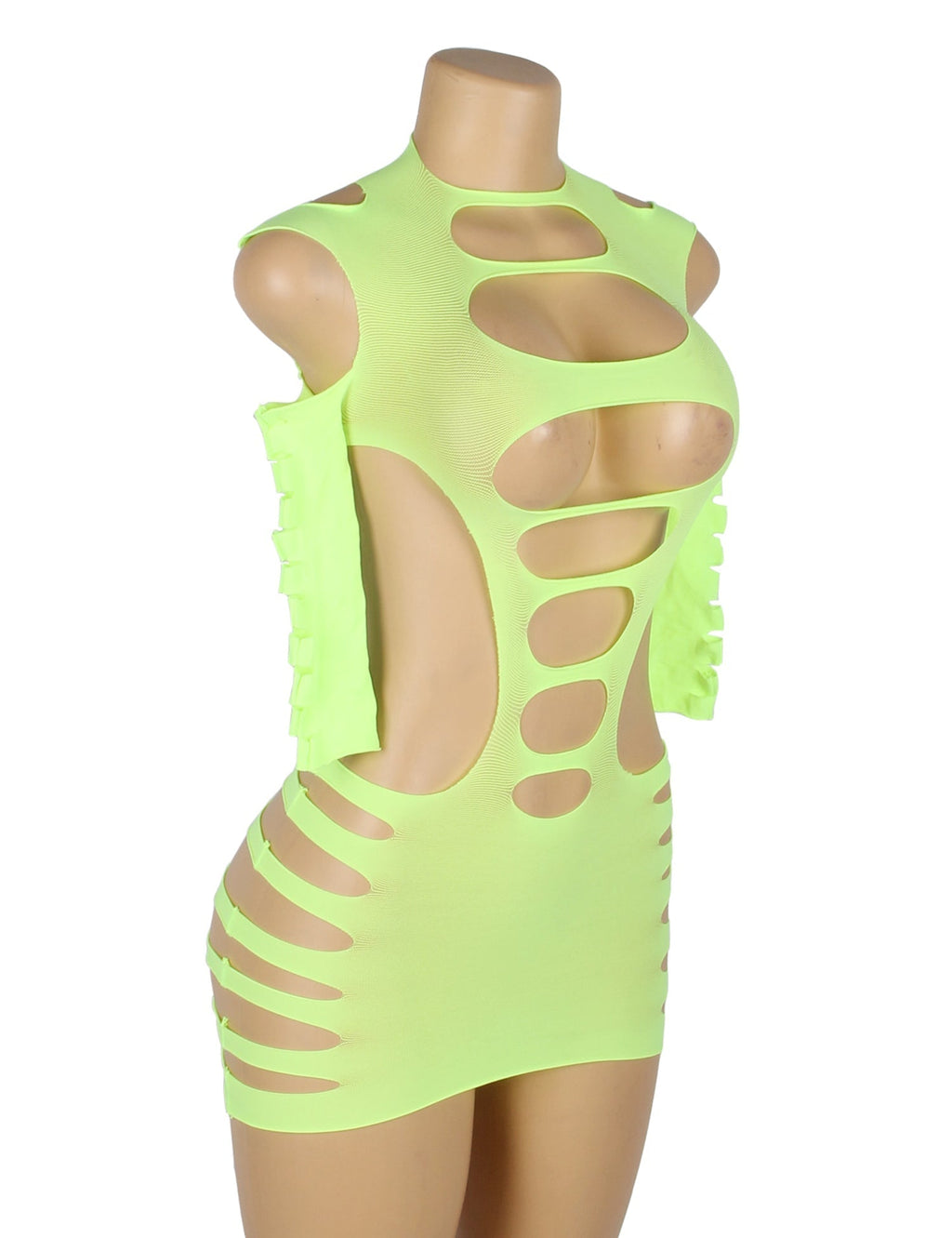 Green Striped Hollow - Out Long - Sleeve Bodycon Bodysuit - TeaseFashion