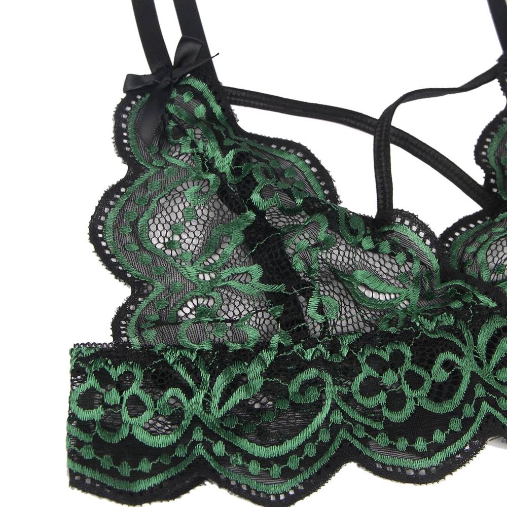 Green Two - Tone Lace Bra Set – Cross - Strap & Adjustable Fit - TeaseFashion