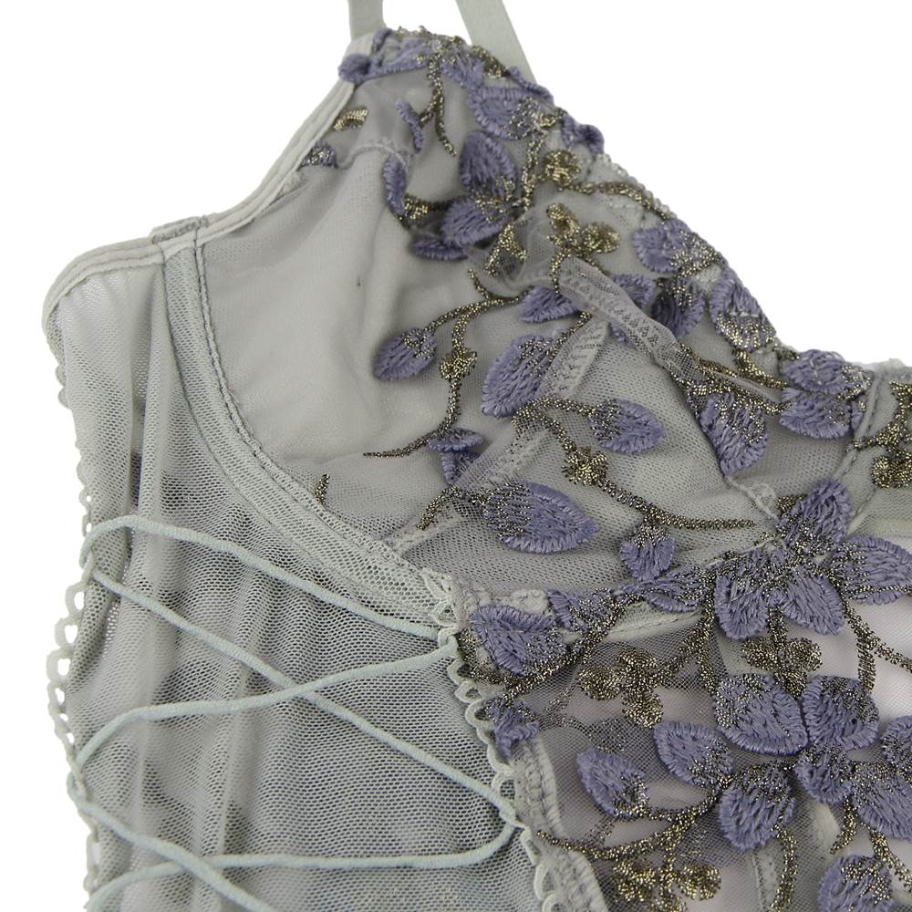 Grey Embroidered Mesh Teddy – Underwired Bust, 3D Embroidery, Crisscross Waist & Adjustable Crotch - TeaseFashion