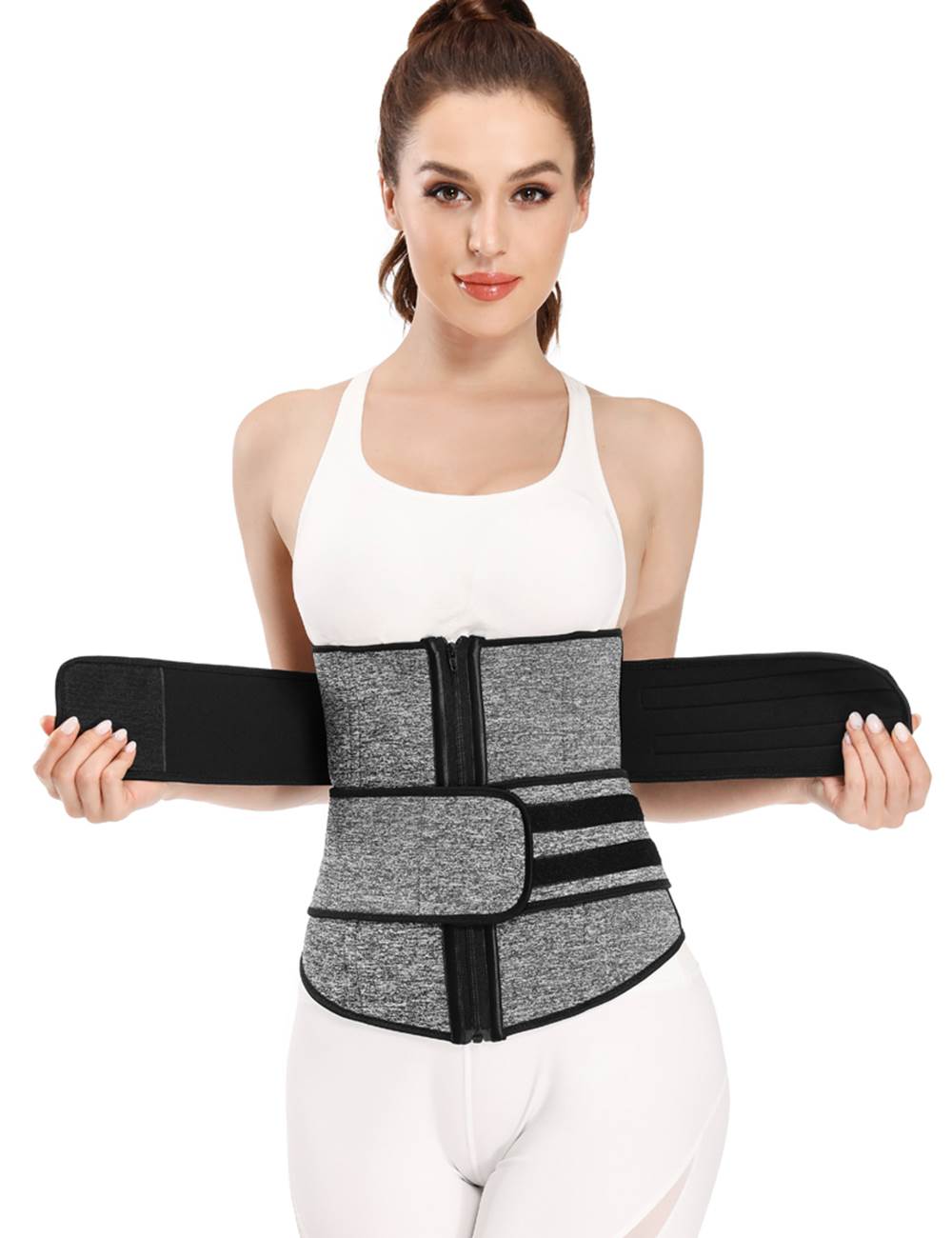 Grey Neoprene Waist Trainer – Zip & Velcro, 9 Steel Bones - TeaseFashion