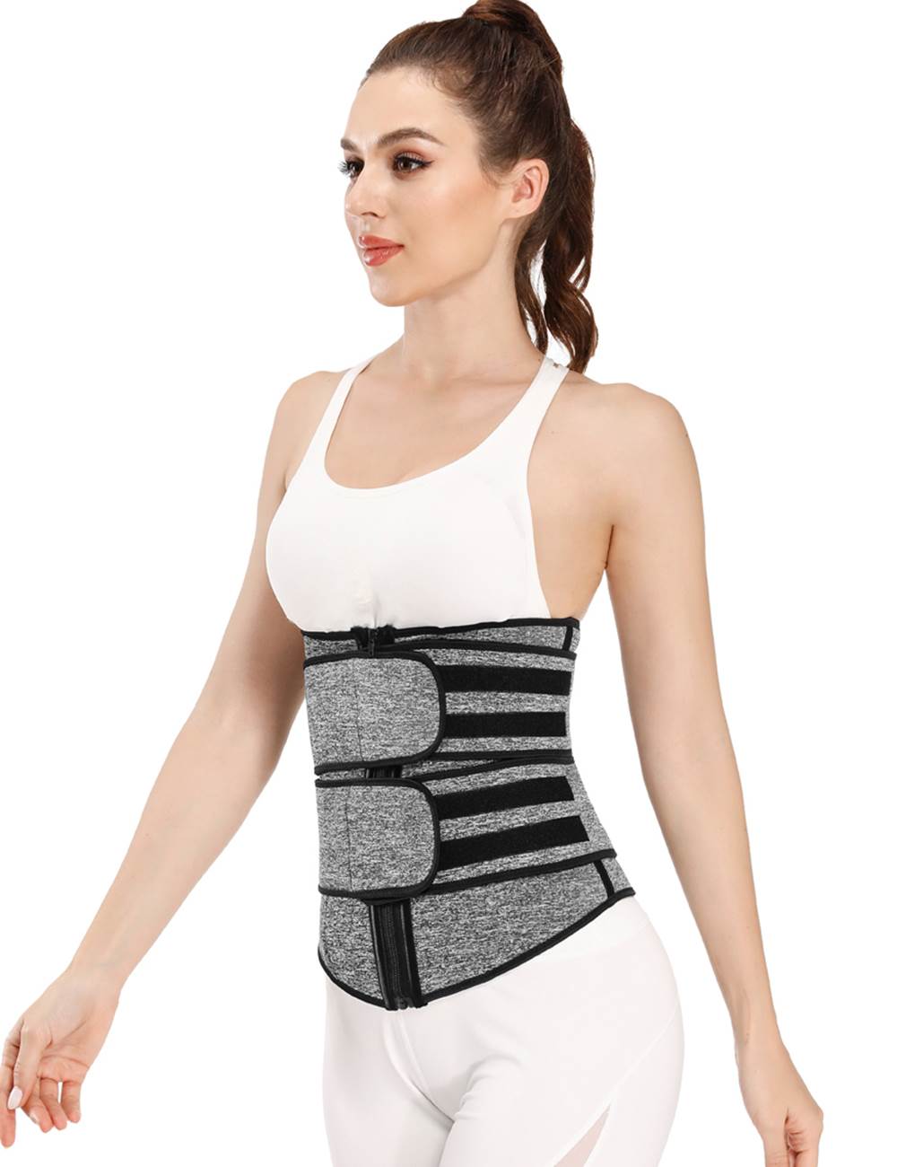 Grey Neoprene Waist Trainer – Zip & Velcro, 9 Steel Bones - TeaseFashion