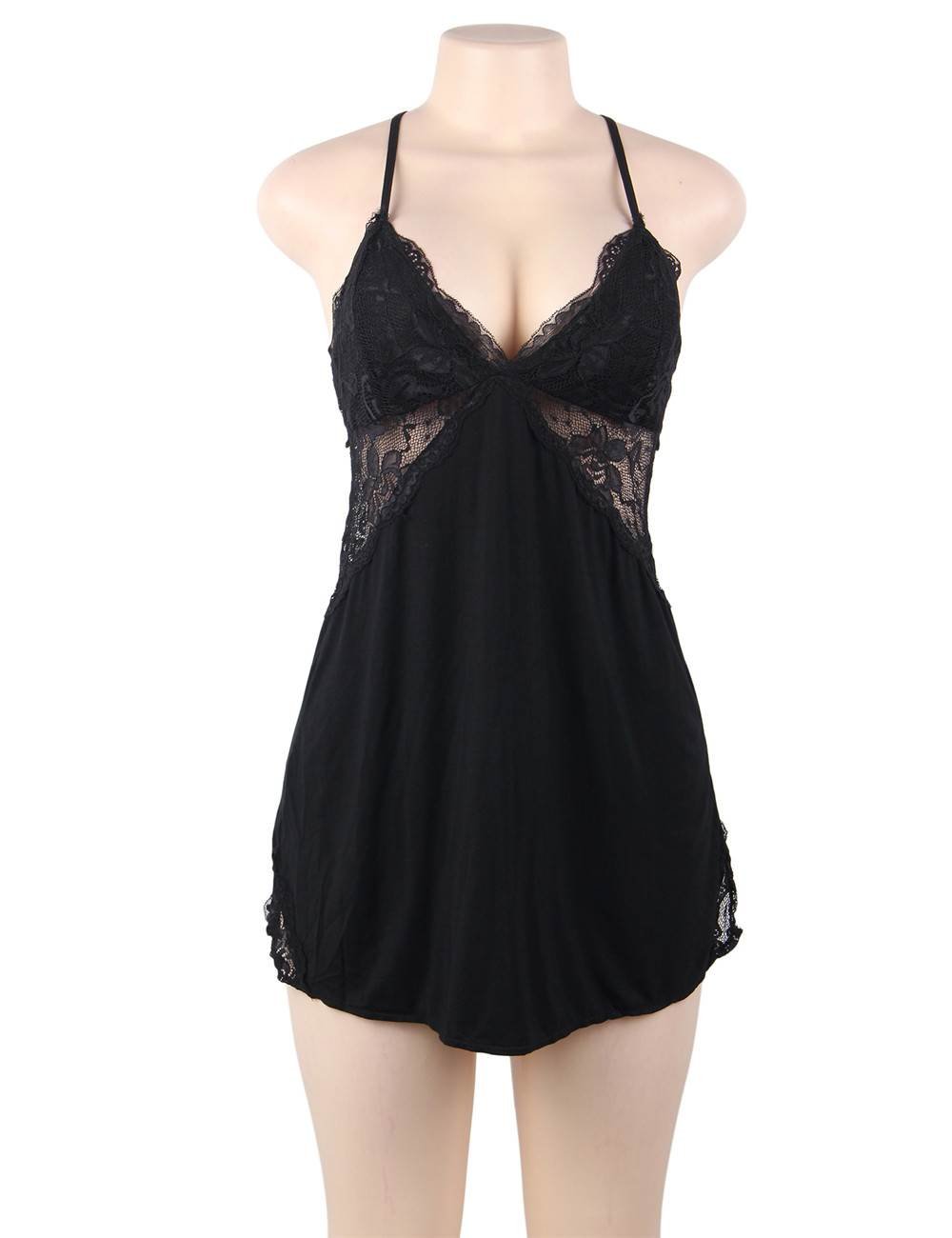 High - Stretch Modal Deep V - Neck Nightdress – Back & Side Lace Panels, Umbrella Skirt with Lace Trim & G - String Set - TeaseFashion