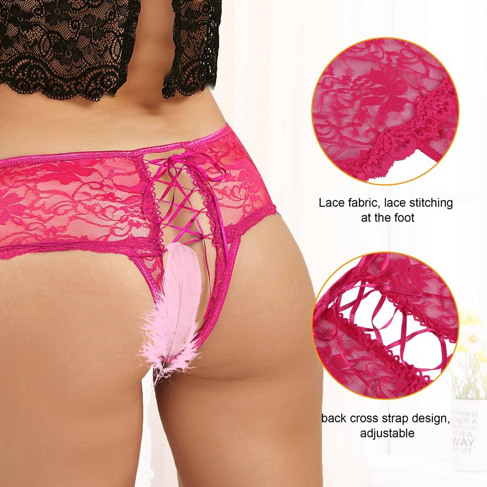 Hot Pink Floral Lace Full - Coverage Panty with Criss - Cross Back & Open Crotch - TeaseFashion