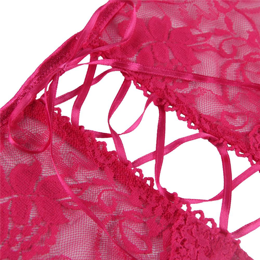 Hot Pink Floral Lace Full - Coverage Panty with Criss - Cross Back & Open Crotch - TeaseFashion
