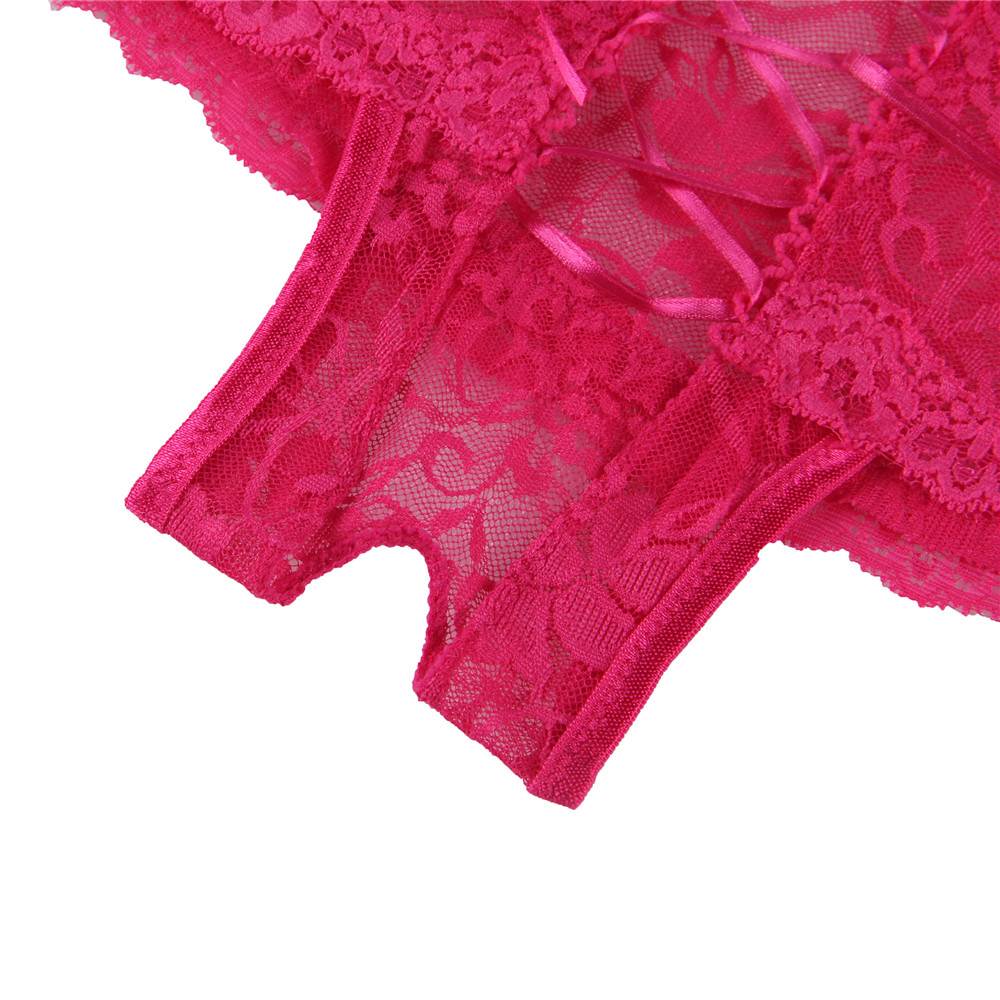 Hot Pink Floral Lace Full - Coverage Panty with Criss - Cross Back & Open Crotch - TeaseFashion