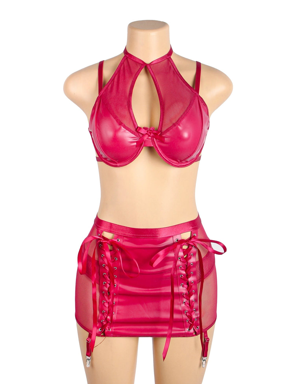 Hot Pink PU Leather Mesh Halter Lingerie Set – Chest Cut - Out, Bow Detail, Steel Ring Bra, Wrap Skirt & Adjustable Garters - TeaseFashion